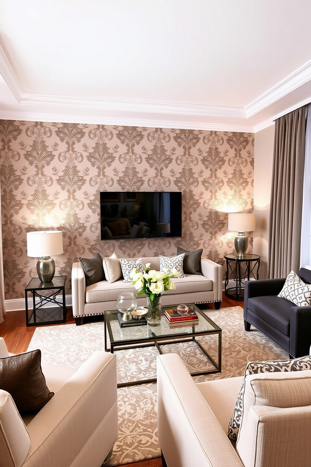 Elegant damask in muted tones creates a refined atmosphere in the living room. The intricate patterns add depth and sophistication to the space while maintaining a calming effect. Simple wall painting designs for the living room can enhance the overall aesthetic without overwhelming the decor. Soft, neutral colors paired with minimalistic patterns create a serene backdrop for furniture and art.