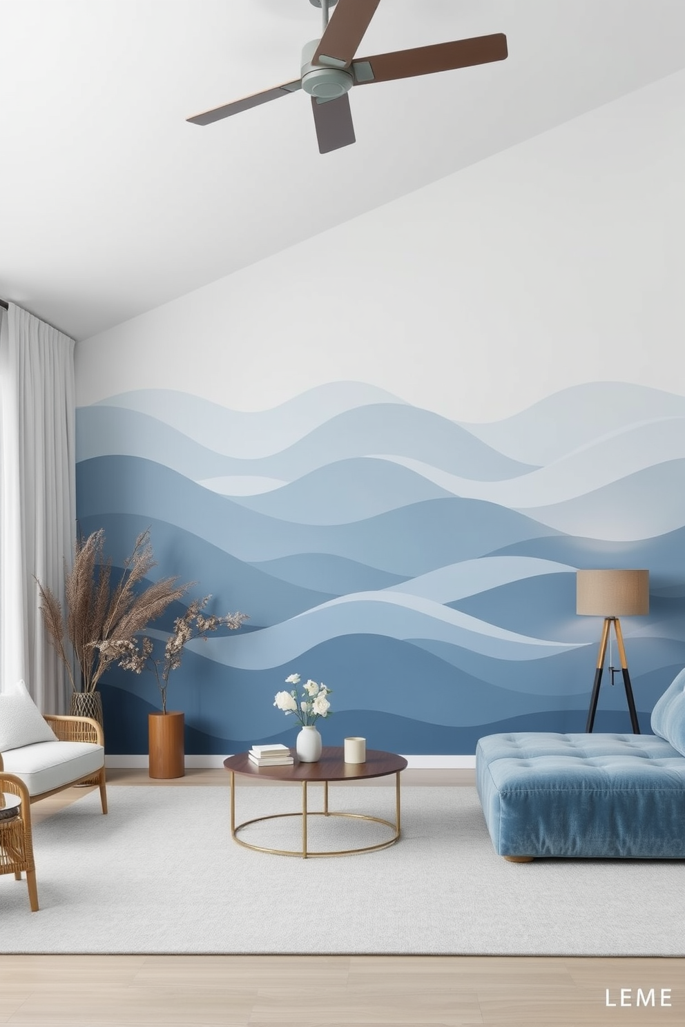 Calming blue waves for serenity. The room features soft blue hues that mimic the gentle movement of ocean waves, creating a tranquil atmosphere. Simple wall painting designs for living room. The walls are adorned with minimalist geometric patterns in muted tones, enhancing the space's elegance while maintaining a serene ambiance.