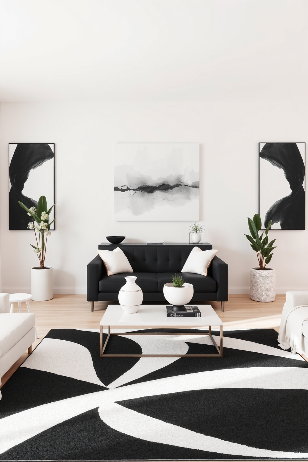 A minimalist living room featuring simple black and white graphic designs. The walls are adorned with large abstract art pieces that create a striking contrast against the light-colored furniture. The living room includes a sleek black sofa paired with white accent pillows. A geometric black and white rug anchors the space, adding visual interest without overwhelming the design. Simple wall painting designs for the living room focus on soft, muted colors that create a calming atmosphere. A large canvas with a subtle watercolor effect hangs above a modern console table, enhancing the room's elegance. The walls are painted in a light beige shade to complement the artwork. A few decorative plants are placed strategically to bring a touch of nature indoors.