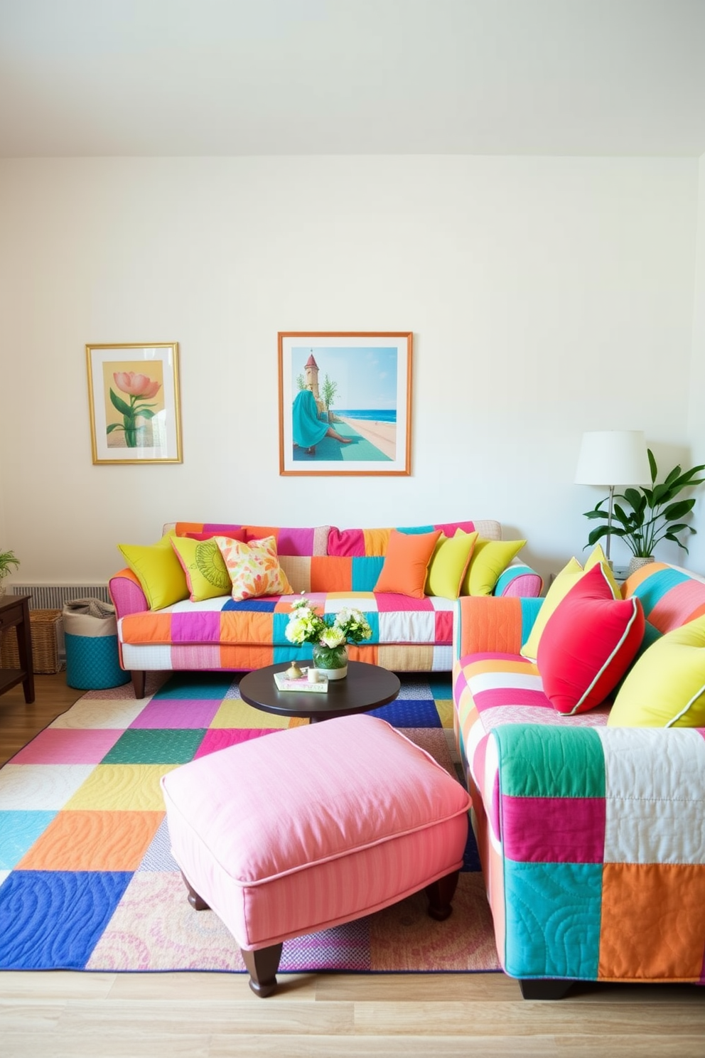 A vibrant living room features a colorful patchwork quilt effect across the sofa and armchairs. The quilt is complemented by a selection of bright throw pillows that add a playful touch to the space. The walls showcase simple wall painting designs that create a harmonious backdrop. Soft pastel colors blend seamlessly, enhancing the cozy atmosphere of the living room.