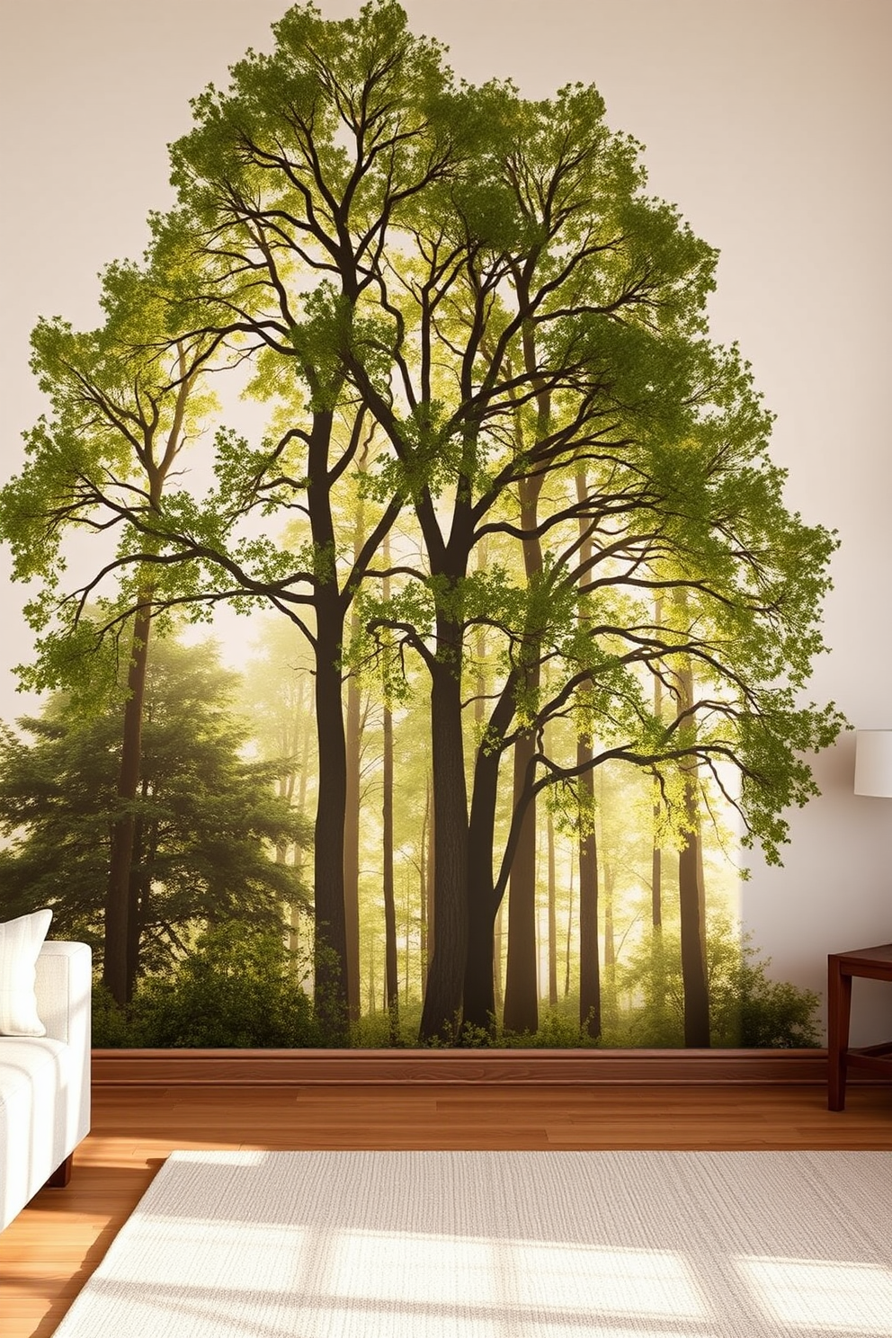 A nature-inspired mural featuring tall, lush trees creates a serene backdrop in the living room. Soft sunlight filters through the leaves, casting gentle shadows on the earthy-toned walls. Simple wall painting designs for the living room include geometric patterns in muted colors. These designs add a modern touch while maintaining a cozy and inviting atmosphere.