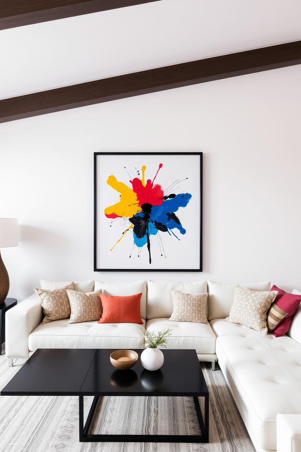 A vibrant living room adorned with abstract art featuring bold splashes of color. The artwork is framed in a sleek black frame, drawing attention to the dynamic hues of red, blue, and yellow. The walls are painted in a soft white, creating a perfect backdrop for the art. Simple wall painting designs complement the space, with geometric patterns in muted tones adding depth and interest.