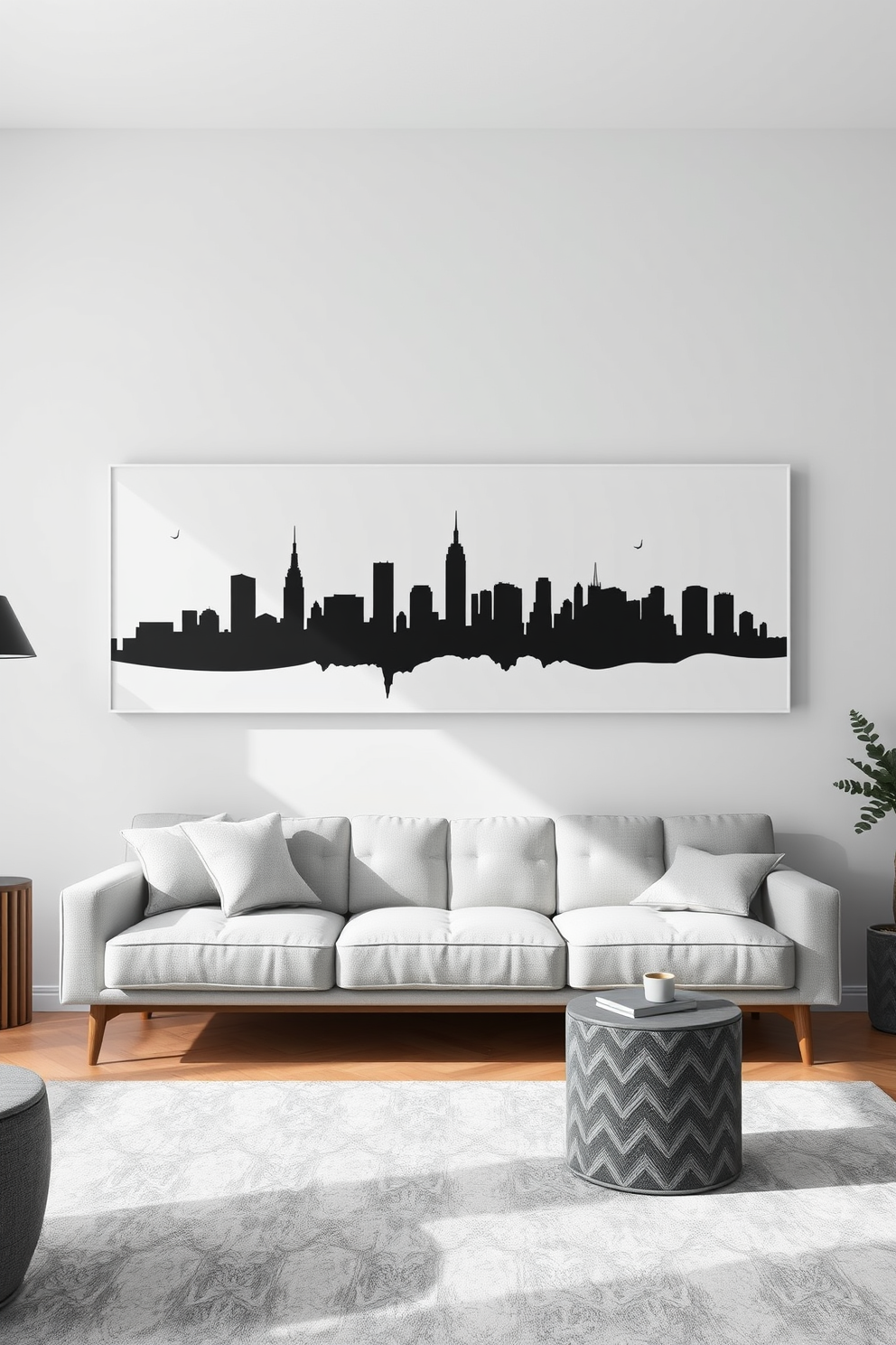 A striking monochrome silhouette of a city skyline stretches across the canvas, capturing the essence of urban life. The design features sharp angles and smooth curves, creating a harmonious balance that draws the eye. Simple wall painting designs for the living room embrace minimalism with soft, muted tones. Geometric shapes and subtle textures enhance the space, inviting a sense of calm and sophistication.