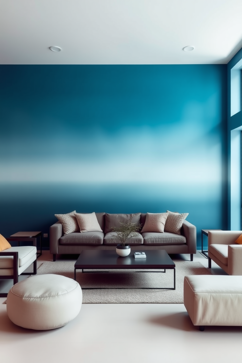 A living room featuring a stunning ombre effect on the walls transitioning from dark blue at the bottom to a soft sky blue at the top. The simple wall painting design creates a serene and inviting atmosphere, complemented by minimalist furniture in neutral tones. The space includes a cozy sofa adorned with textured cushions and a sleek coffee table in the center. Large windows allow natural light to flood the room, enhancing the calming color palette and creating a harmonious environment.