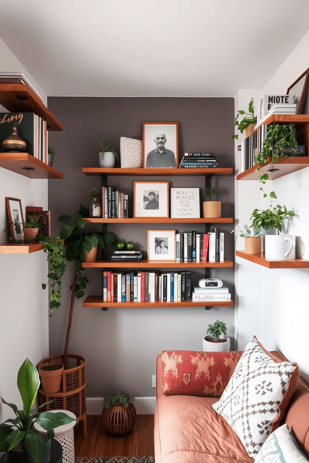 A cozy small one bedroom apartment featuring floating shelves mounted on the walls for display. The shelves are adorned with books, plants, and decorative items, creating a personalized and inviting atmosphere.