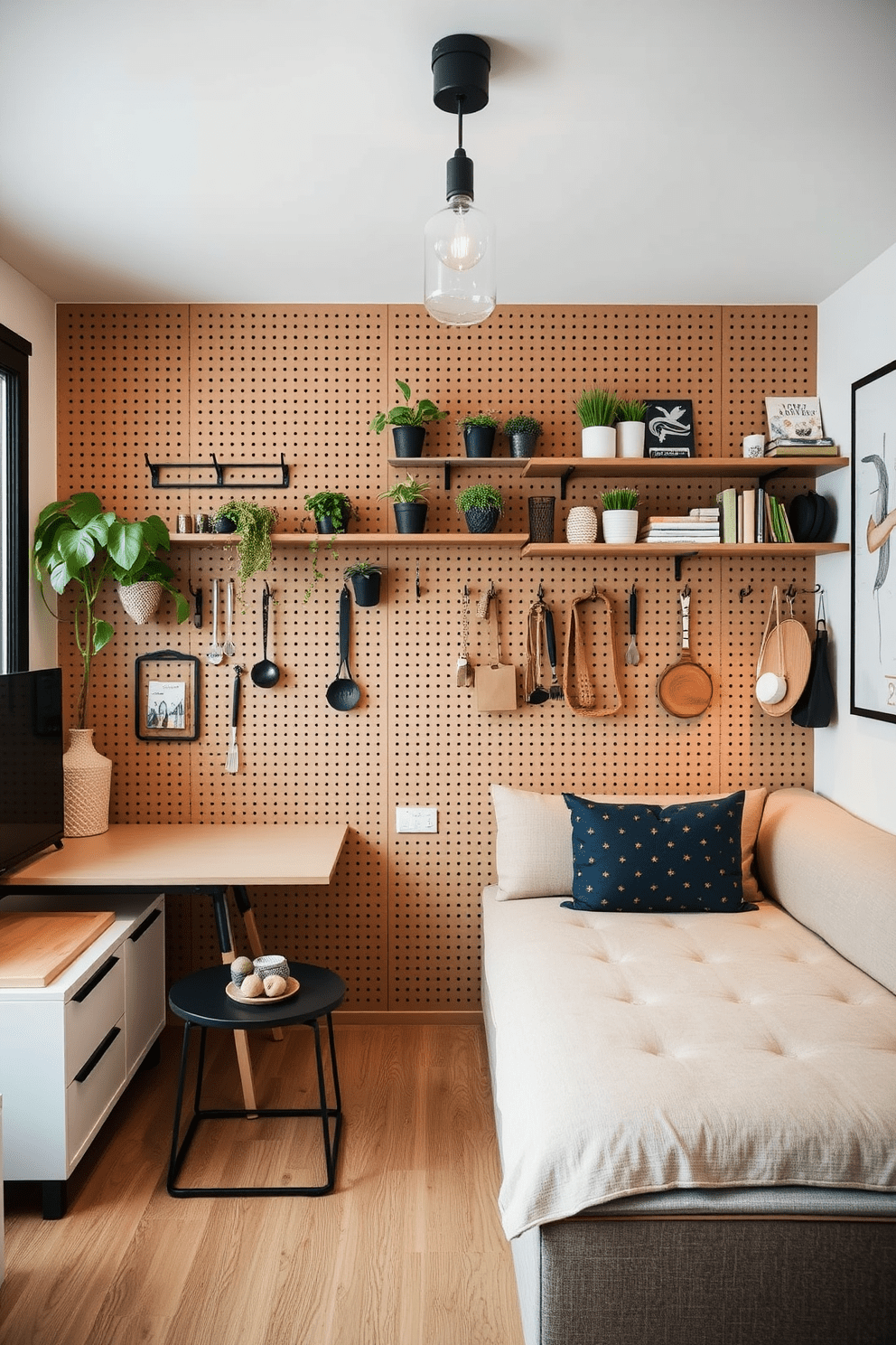 A stylish small one-bedroom apartment design featuring a functional pegboard wall for organization. The pegboard is adorned with hooks and shelves, displaying plants, kitchen utensils, and decorative items, creating a visually appealing and efficient space. The living area includes a cozy sofa that doubles as a bed, paired with a sleek coffee table and a compact dining area. Soft lighting fixtures hang from the ceiling, enhancing the warm color palette of the room.