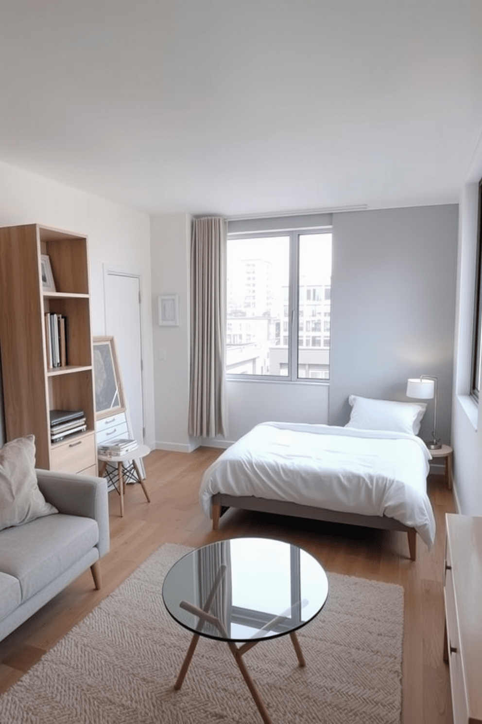 A small one bedroom apartment design featuring light colors to create a spacious feel. The living area includes a cozy sofa, a glass coffee table, and a light wood shelving unit that adds functionality without overwhelming the space. The bedroom showcases a queen-sized bed with soft white linens and a light gray accent wall. A compact nightstand with a minimalist lamp sits beside the bed, while large windows allow natural light to flood the room, enhancing the airy atmosphere.