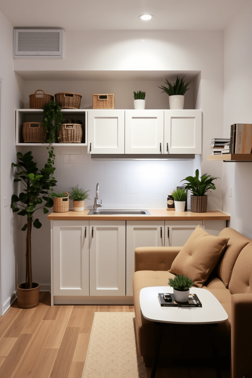 A cozy small one-bedroom apartment featuring a well-utilized space above the cabinets. The cabinets are painted in a soft white, complemented by decorative baskets and potted plants that add a touch of greenery. The living area is designed with a compact sofa in a neutral tone, paired with a sleek coffee table. A wall-mounted shelf displays books and personal items, enhancing the sense of space and style.