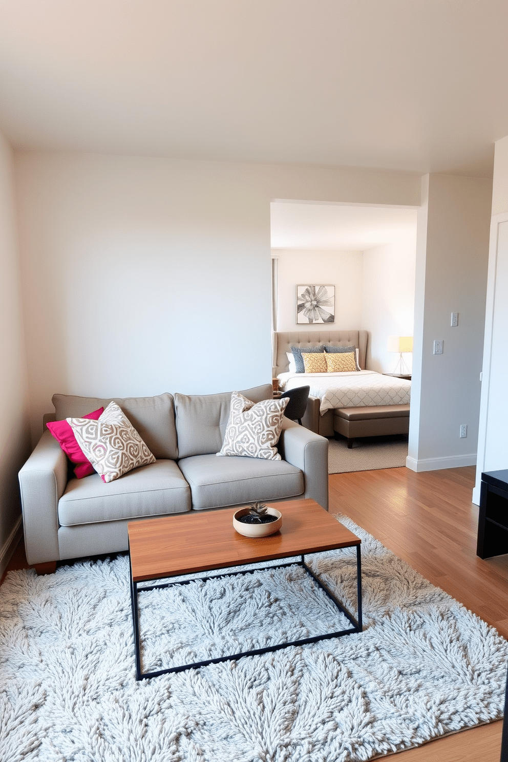 A cozy small one-bedroom apartment featuring a living area with a comfortable sofa adorned with accent pillows in vibrant colors. The walls are painted in soft neutrals, and a stylish coffee table sits in front of the sofa, complemented by a plush area rug that adds warmth to the space. The bedroom includes a queen-sized bed with a chic headboard and layered bedding that creates a welcoming atmosphere. A compact nightstand with a modern lamp is placed beside the bed, and a small workspace with a desk and chair is positioned near a window for natural light.