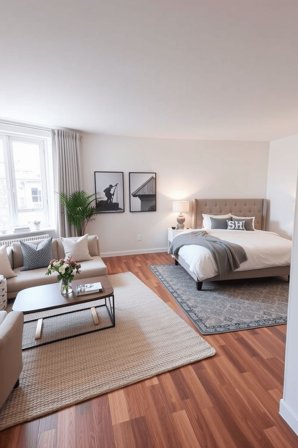 Create a cozy small one bedroom apartment design featuring distinct zones defined by area rugs. The living area includes a soft textured rug under a compact sofa and a coffee table, while a separate rug in the bedroom area complements a stylish bed and nightstands.