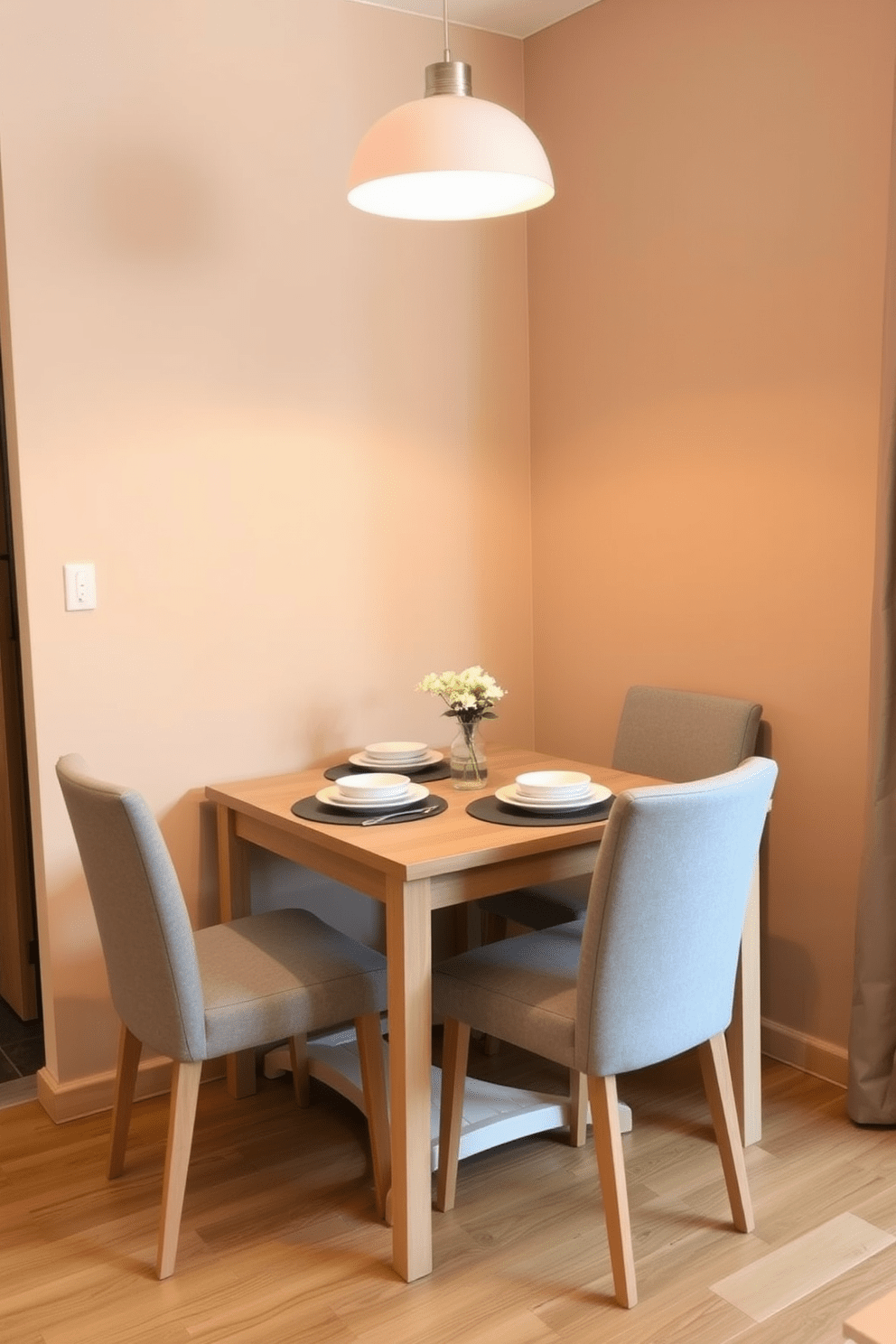 A compact dining table set is placed in a cozy corner of the small one-bedroom apartment. The table features a sleek design with a light wood finish and is surrounded by four upholstered chairs in a soft gray fabric. The walls are painted in a warm beige tone, enhancing the sense of space and comfort. A stylish pendant light hangs above the table, providing a warm glow during evening meals.