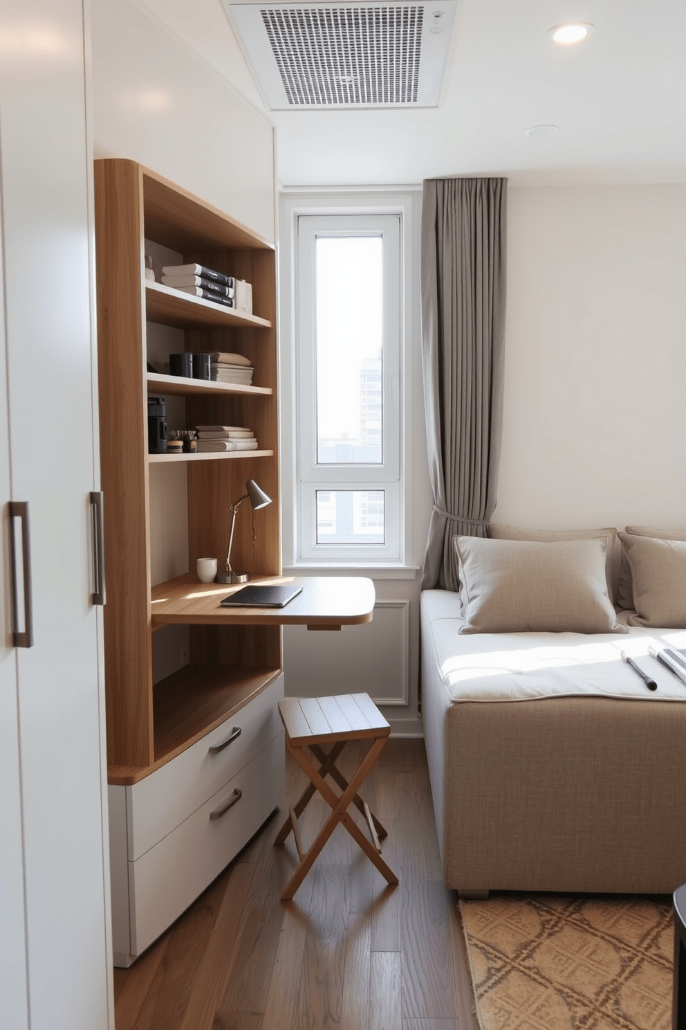 A small one bedroom apartment features a foldable desk that can be tucked away when not in use. The desk is positioned near a window to maximize natural light and create a productive workspace. The living area is designed with a cozy sofa that doubles as a bed for guests. Neutral tones and smart storage solutions keep the space feeling open and inviting.