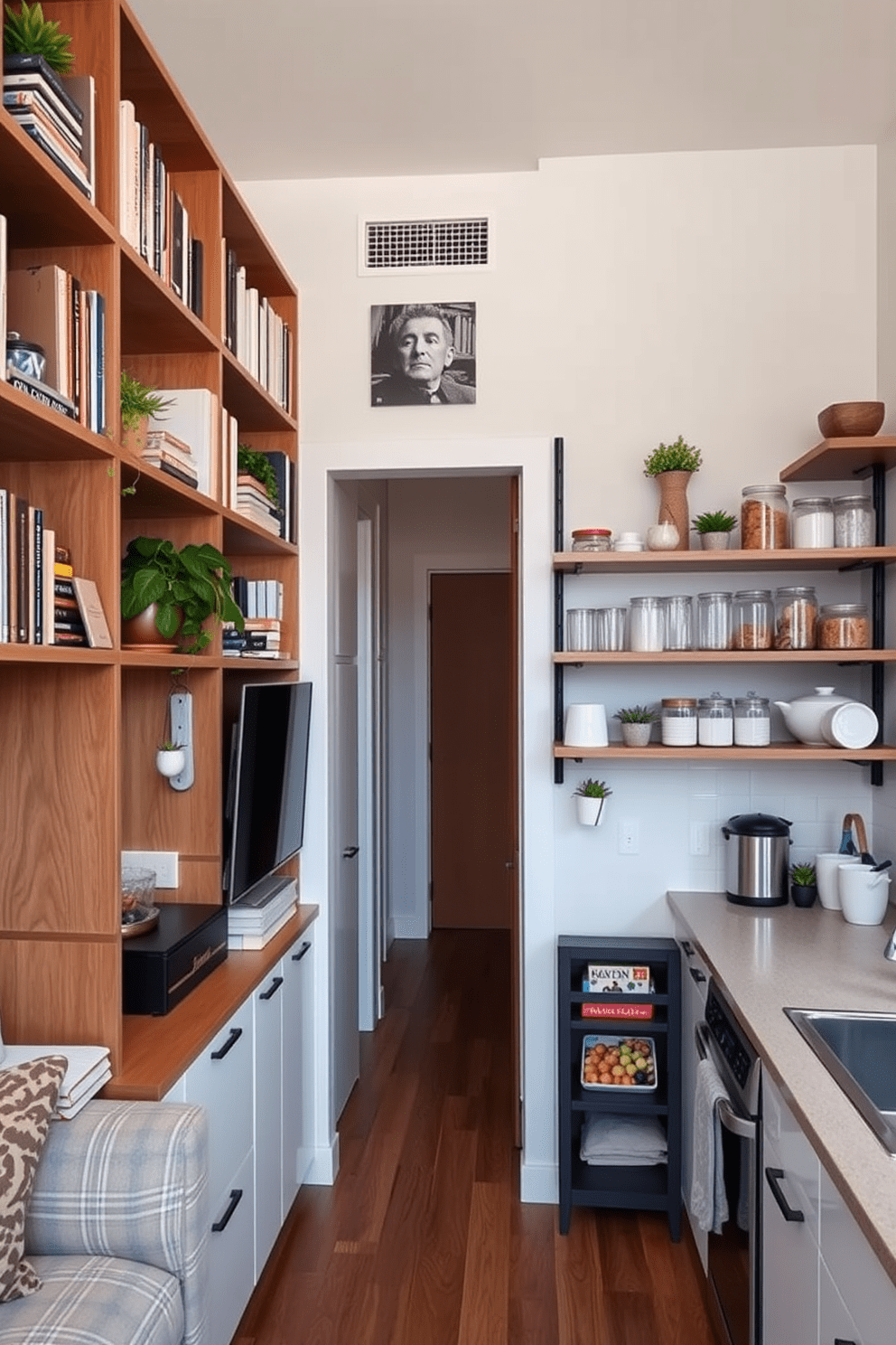 A small apartment features a cozy living area with floor-to-ceiling shelves that maximize vertical storage. The shelves are filled with books, plants, and decorative items, creating an inviting and organized atmosphere. Adjacent to the living area, a compact kitchen showcases clever storage solutions with open shelving above the countertop. The shelves hold stylish dishware and jars, adding both functionality and charm to the space.