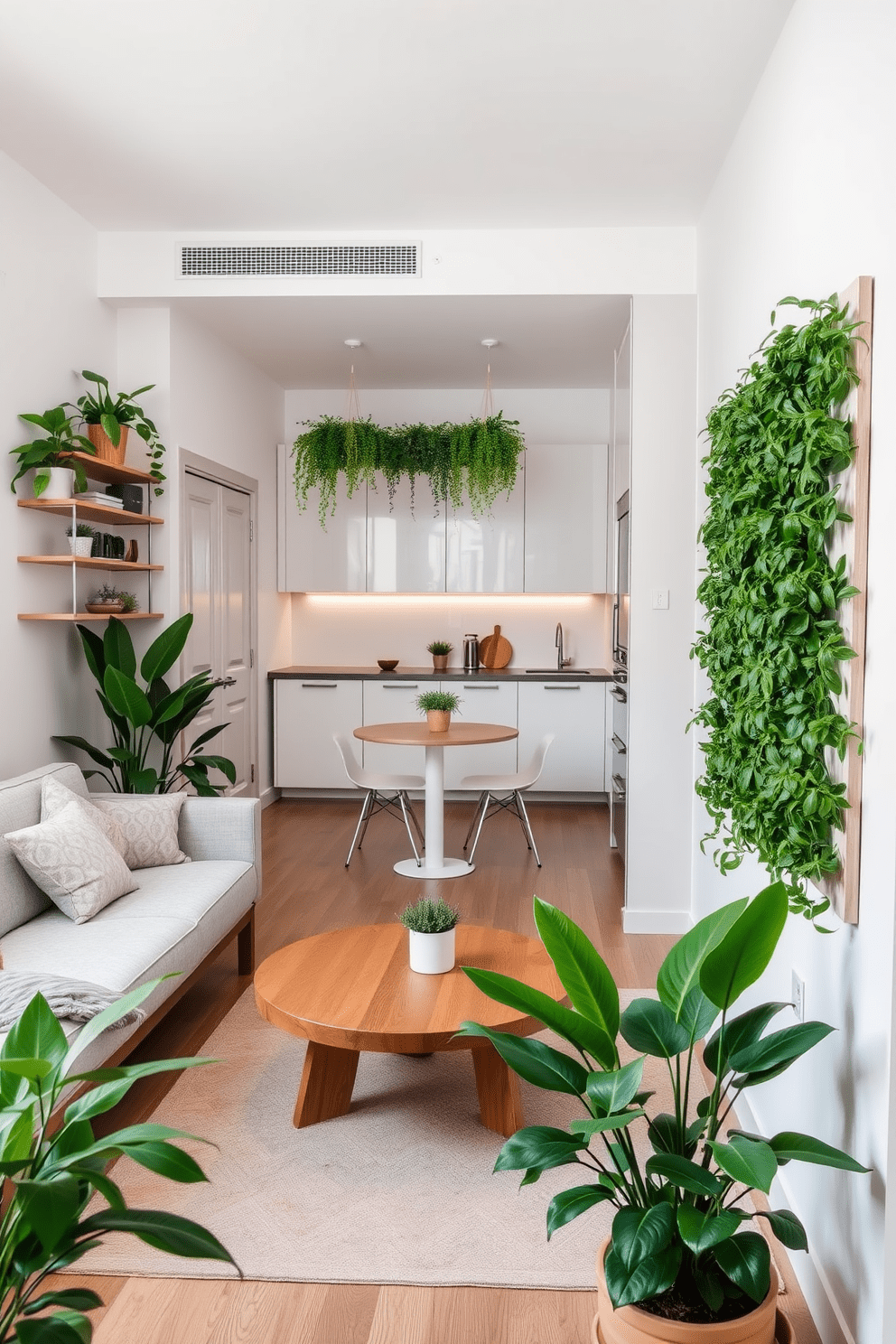 A cozy small apartment design featuring an open living space with a light gray sofa and a round wooden coffee table. Lush green plants are placed in the corners and on shelves, creating a fresh and inviting atmosphere. The kitchen area includes sleek white cabinets and a compact dining table with two chairs. A vertical garden is mounted on the wall, adding a touch of nature to the space.