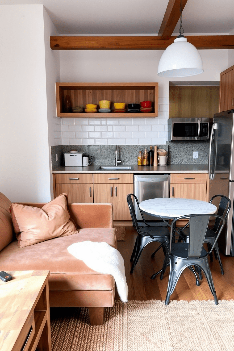 A cozy small apartment featuring a blend of textures for visual interest. The living area showcases a plush velvet sofa paired with a rustic wooden coffee table and a woven jute rug. In the kitchen, sleek stainless steel appliances contrast with open wooden shelves displaying colorful dishware. A small dining nook includes a round marble table surrounded by metal chairs, enhancing the eclectic style.