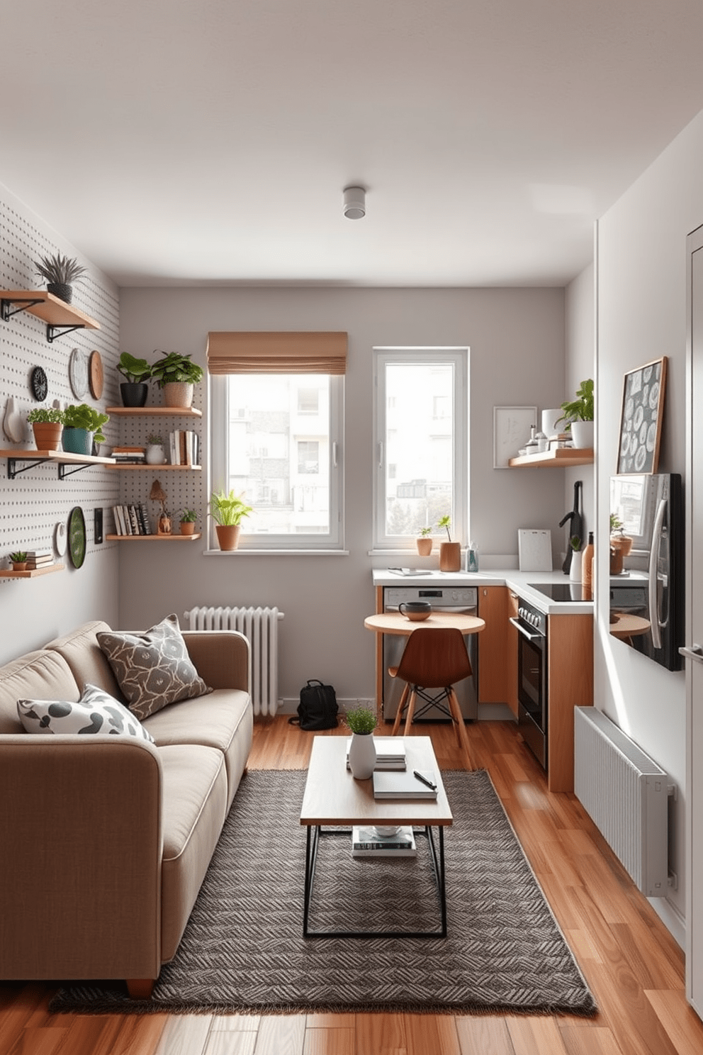 A cozy small apartment design featuring a living area with a comfortable sofa and a stylish coffee table. The walls are adorned with pegboards for organized wall storage, displaying plants, books, and decorative items. The kitchen is compact yet functional, with open shelving and modern appliances seamlessly integrated. A small dining table with two chairs is positioned near a window, allowing natural light to brighten the space.