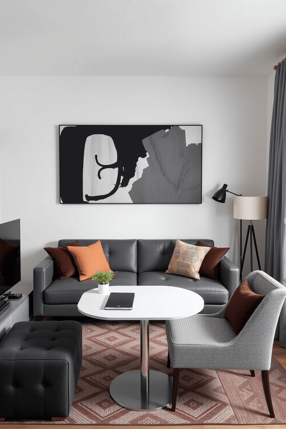 A stylish small apartment design featuring a statement piece that serves as the focal point. The living area showcases a bold, oversized artwork above a sleek, modern sofa, creating an inviting atmosphere. Incorporate multifunctional furniture to maximize space efficiency. A compact dining table doubles as a workspace, seamlessly blending functionality with aesthetic appeal.