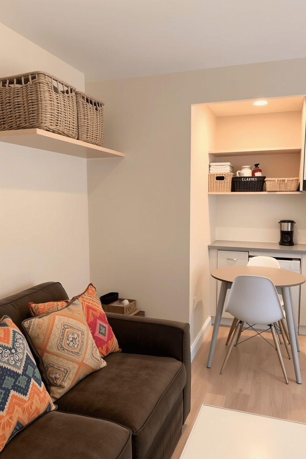 A cozy small apartment living area features stylish woven baskets placed strategically on shelves for storage. The walls are painted in a soft beige, and a plush sofa with colorful throw pillows invites relaxation. In the kitchen, open shelving displays neatly organized baskets filled with kitchen essentials. A compact dining table with modern chairs sits adjacent, creating an inviting space for meals and gatherings.