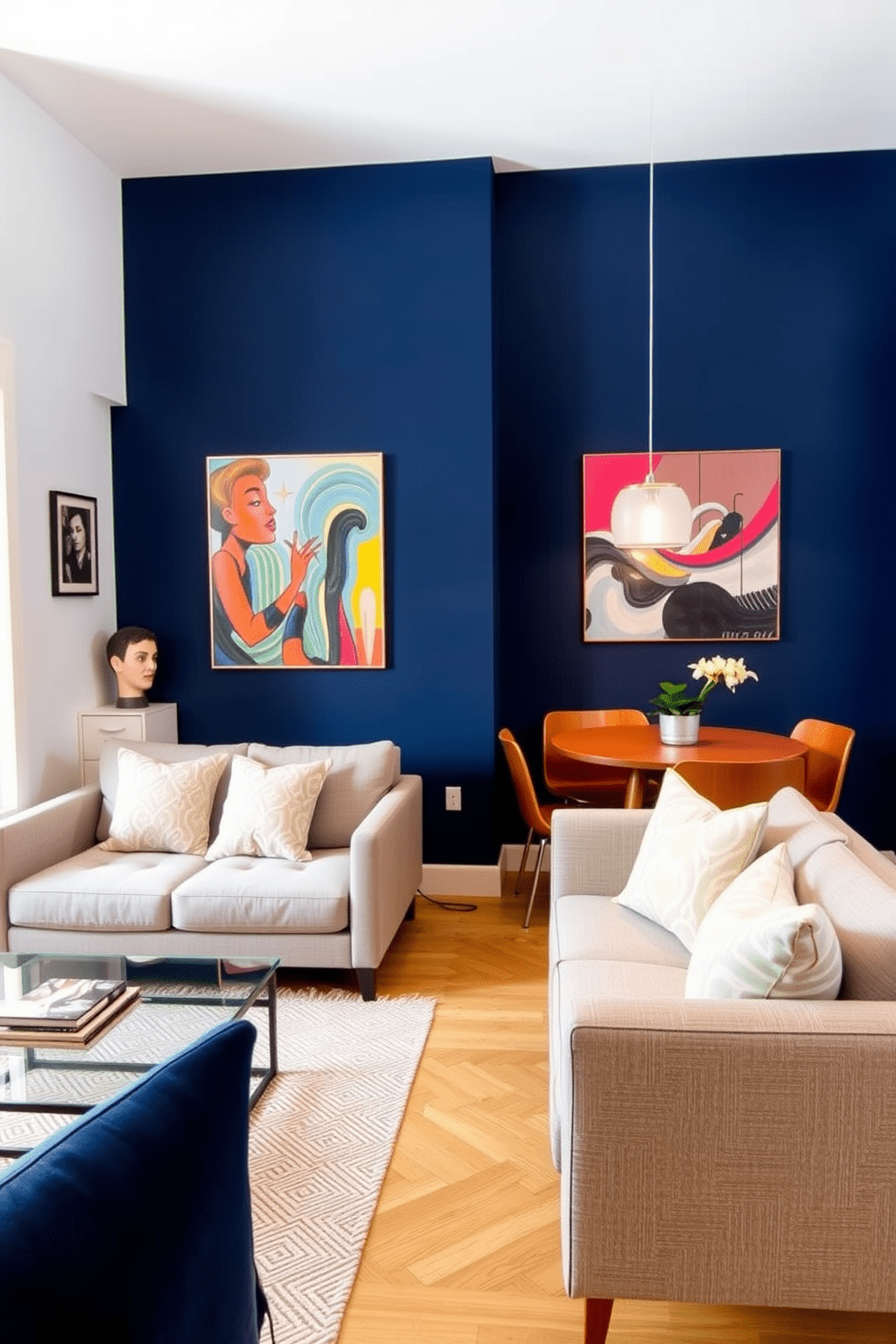 A small apartment living room features a bold accent wall painted in deep navy blue, creating a striking backdrop for light-colored furniture. The space is furnished with a sleek gray sofa and a glass coffee table, with vibrant artwork hung above to enhance the dramatic effect. Adjacent to the living area, a compact dining nook is designed with a round wooden table surrounded by stylish chairs. Soft pendant lighting hangs above, casting a warm glow that complements the bold wall and adds an inviting touch to the space.