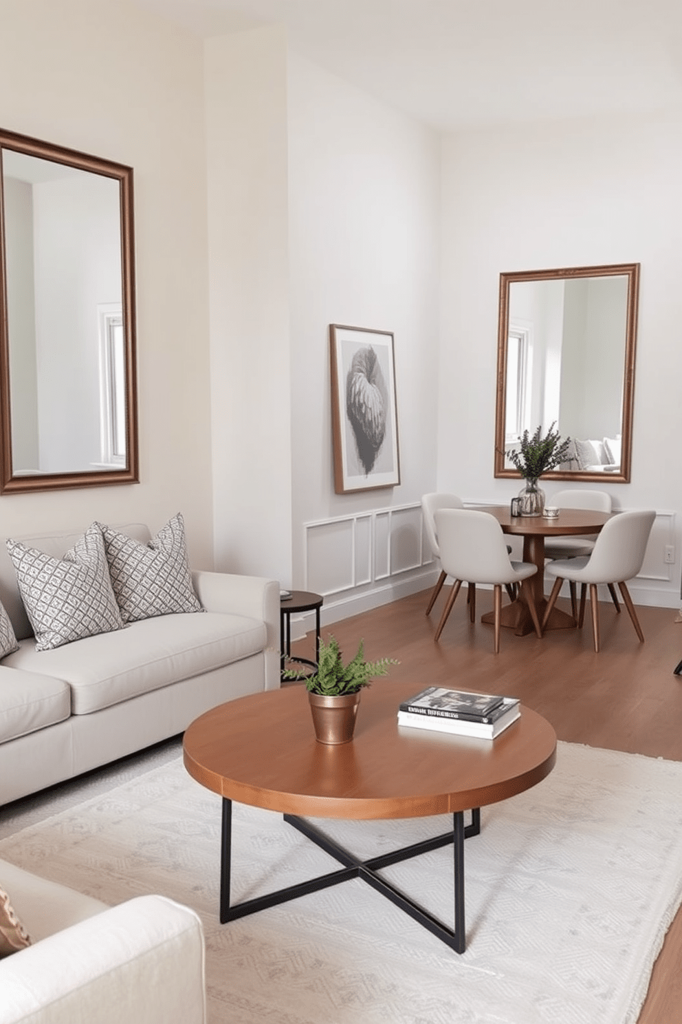 A cozy small apartment living area features a light-colored sofa facing a minimalist coffee table. To enhance the sense of space, two large mirrors are mounted on opposite walls, reflecting natural light and creating an airy atmosphere. The dining nook includes a round wooden table surrounded by stylish chairs, positioned near a window. Soft, neutral tones dominate the decor, with patterned throw pillows adding a touch of warmth and personality.