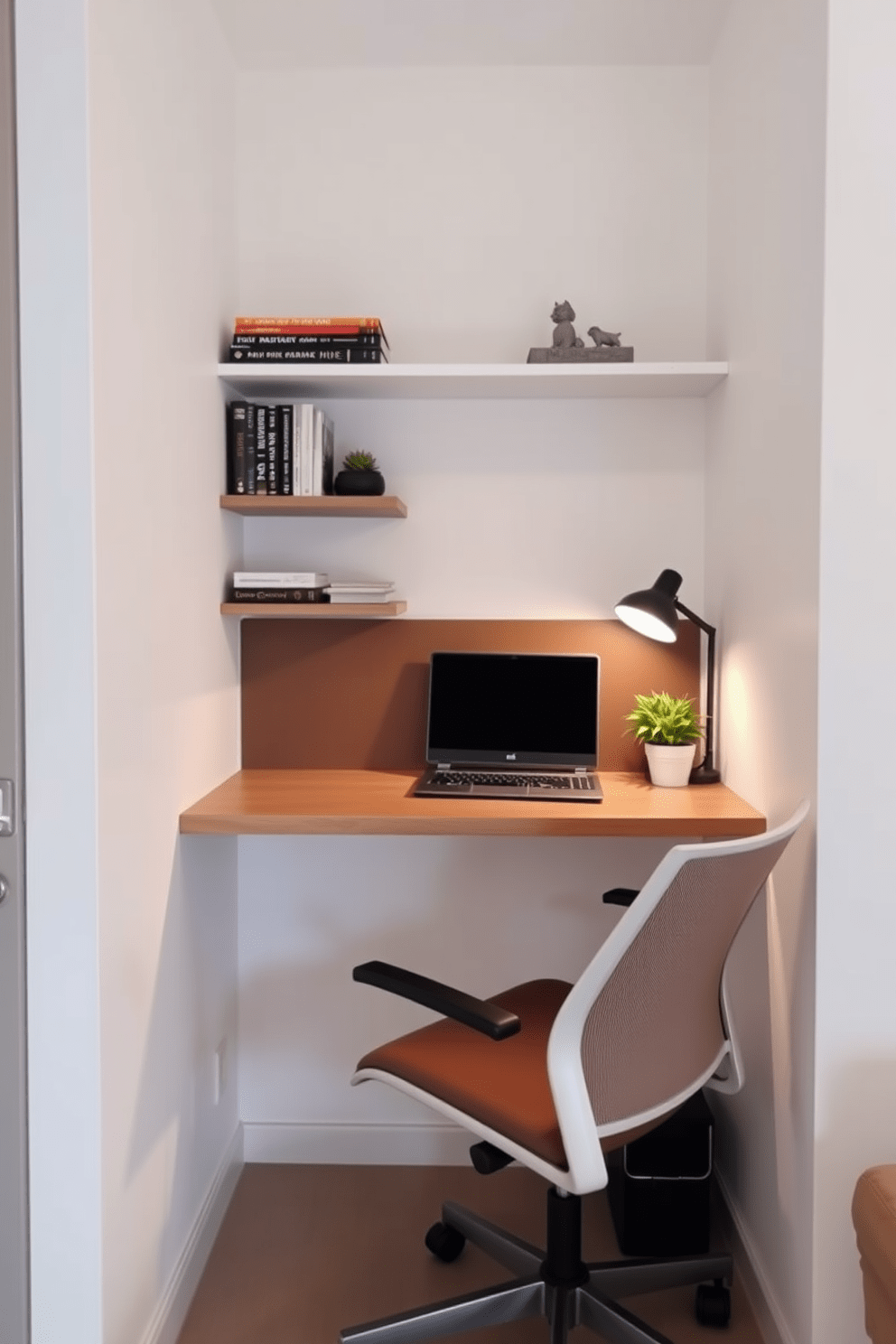 A compact workspace in a corner of a small apartment features a sleek wall-mounted desk with a minimalist design. Above the desk, open shelves display books and decorative items, while a comfortable ergonomic chair provides support for long hours of work. The walls are painted in a light neutral color to enhance the sense of space, and a small potted plant adds a touch of greenery. Soft ambient lighting from a stylish desk lamp creates a warm and inviting atmosphere for productivity.