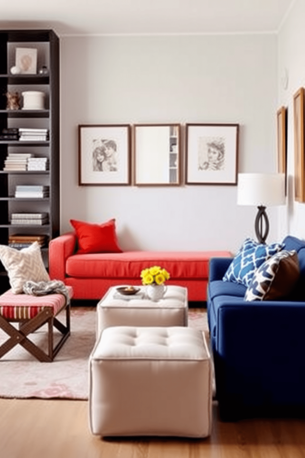 Choose lightweight furniture for easy rearranging. Incorporate a compact sofa and nesting tables to maximize space and flexibility. Utilize multifunctional pieces like a foldable dining table and ottomans with storage. Add bright colors and mirrors to create an illusion of a larger living area.