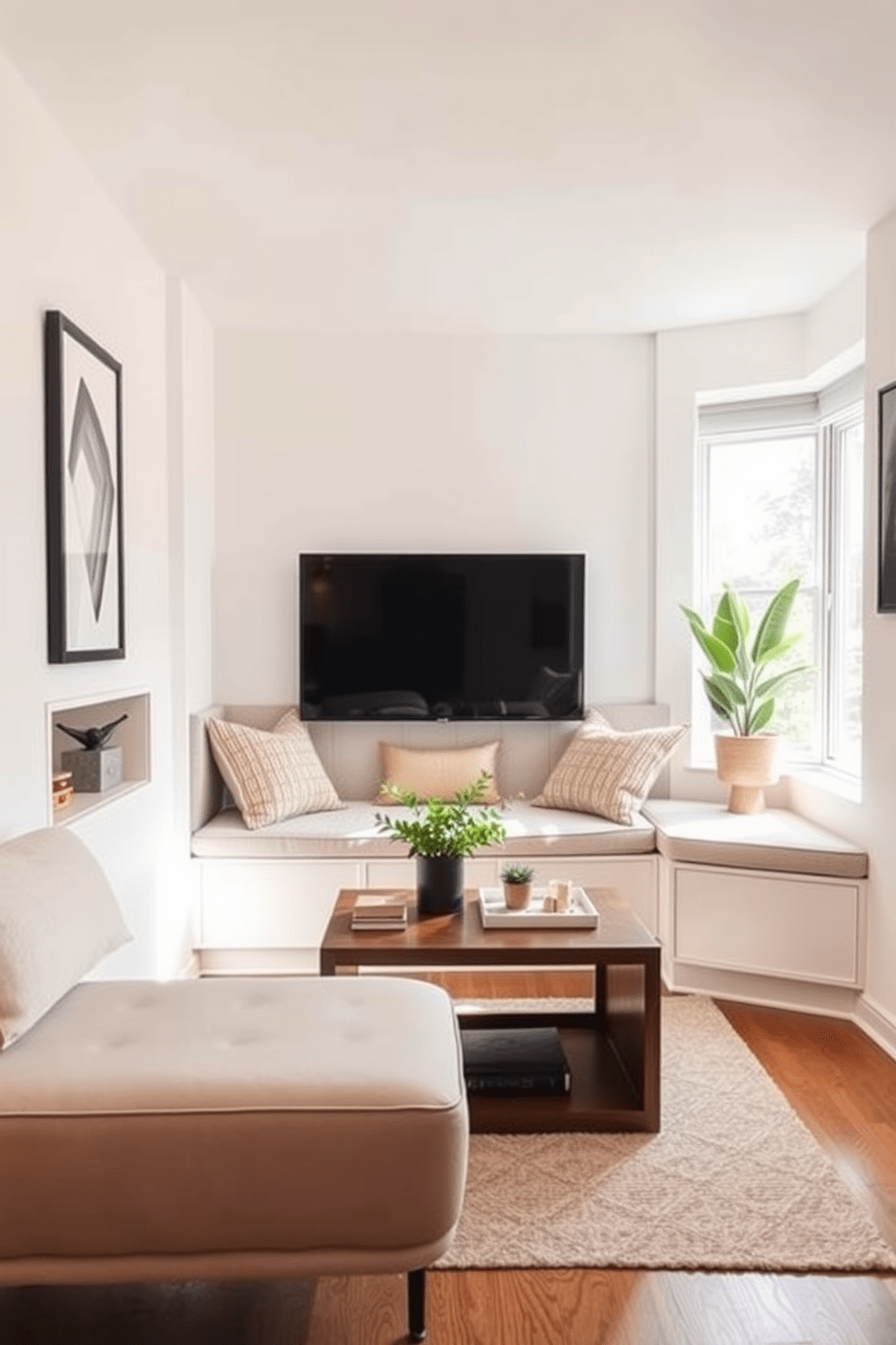 A cozy small apartment design featuring built-in seating that maximizes space efficiency. The seating area includes plush cushions and is positioned near a window, allowing natural light to fill the room. The walls are painted in a soft, neutral color to create an airy feel. A small coffee table sits in front of the seating, adorned with a few decorative items and a plant for a touch of greenery.