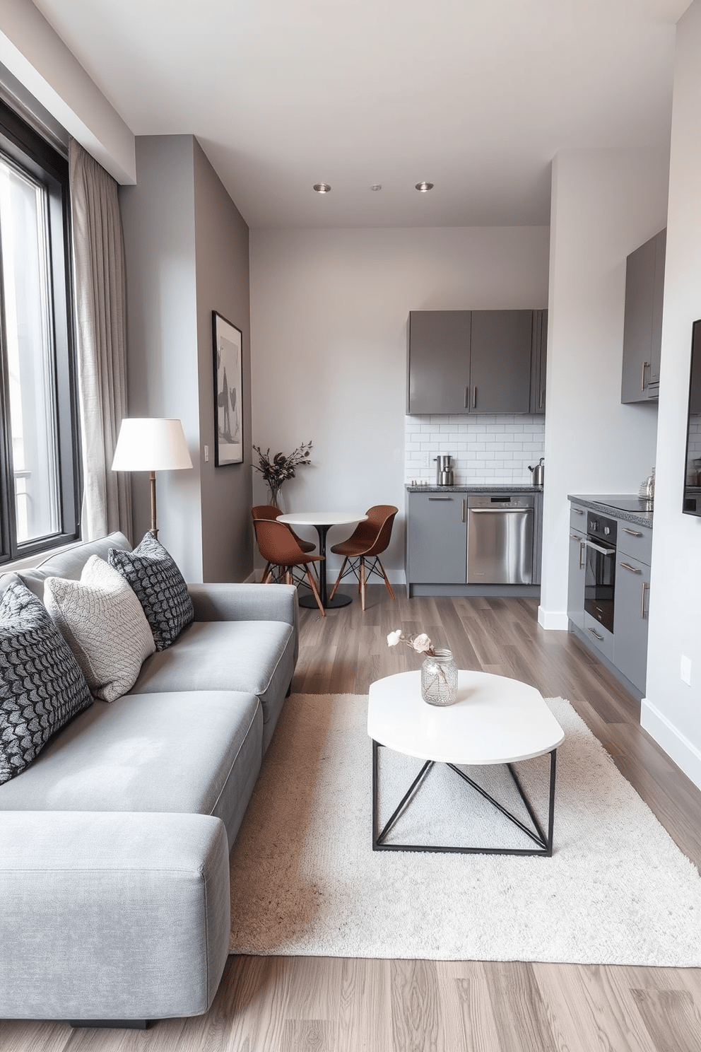 A stylish small apartment featuring a monochromatic color scheme with varying shades of gray. The living area includes a sleek gray sofa adorned with textured pillows, complemented by a minimalist coffee table and a soft area rug. The kitchen area showcases gray cabinetry with stainless steel appliances and a matching backsplash. A dining nook with a small round table and modern chairs is positioned near a large window, allowing natural light to brighten the space.