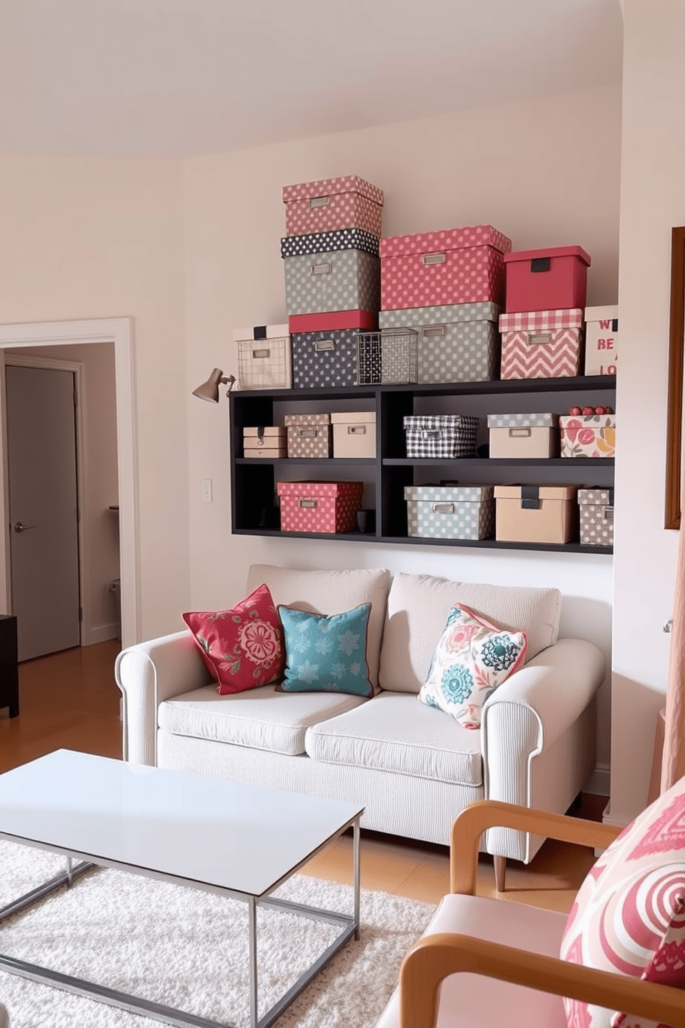 A cozy small apartment living area featuring decorative boxes for organizing clutter. The boxes are stylishly arranged on a shelf, adding both functionality and aesthetic appeal to the space. The walls are painted in a soft pastel color, creating an inviting atmosphere. A compact sofa with colorful cushions sits opposite a sleek coffee table, enhancing the charm of the room.