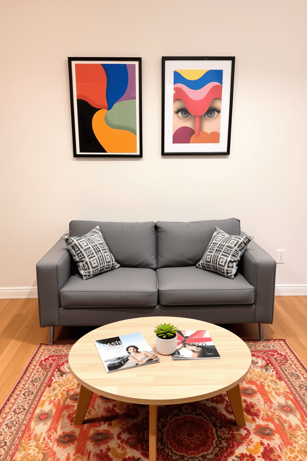 A cozy small-scale sofa is placed against the wall, upholstered in a soft gray fabric that invites relaxation. A round coffee table with a light wood finish sits in front, adorned with a few stylish magazines and a small potted plant. The walls are painted in a light beige tone, creating an airy atmosphere that enhances the sense of space. A colorful area rug adds warmth to the hardwood floor, while framed artwork in vibrant hues hangs above the sofa, adding a personal touch to the design.