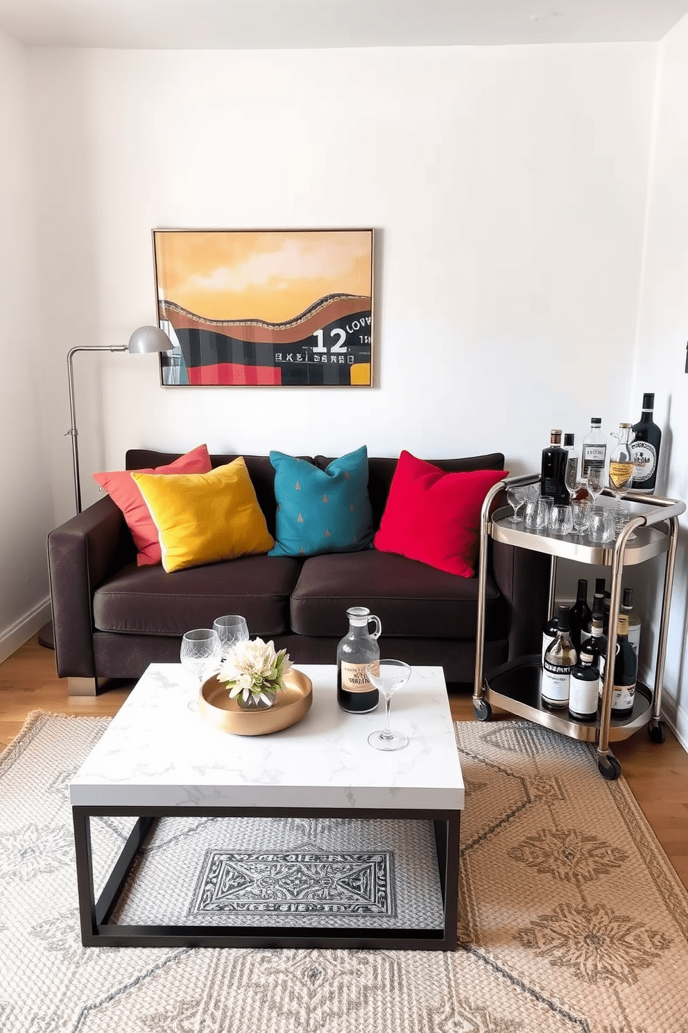 A cozy living area in a small apartment featuring a comfortable sofa adorned with colorful throw pillows. A sleek bar cart is positioned next to the sofa, showcasing an array of stylish glassware and a selection of spirits. The walls are painted in a light, airy color to enhance the sense of space. A small coffee table with a decorative centerpiece sits in front of the sofa, complemented by a textured area rug that adds warmth to the room.