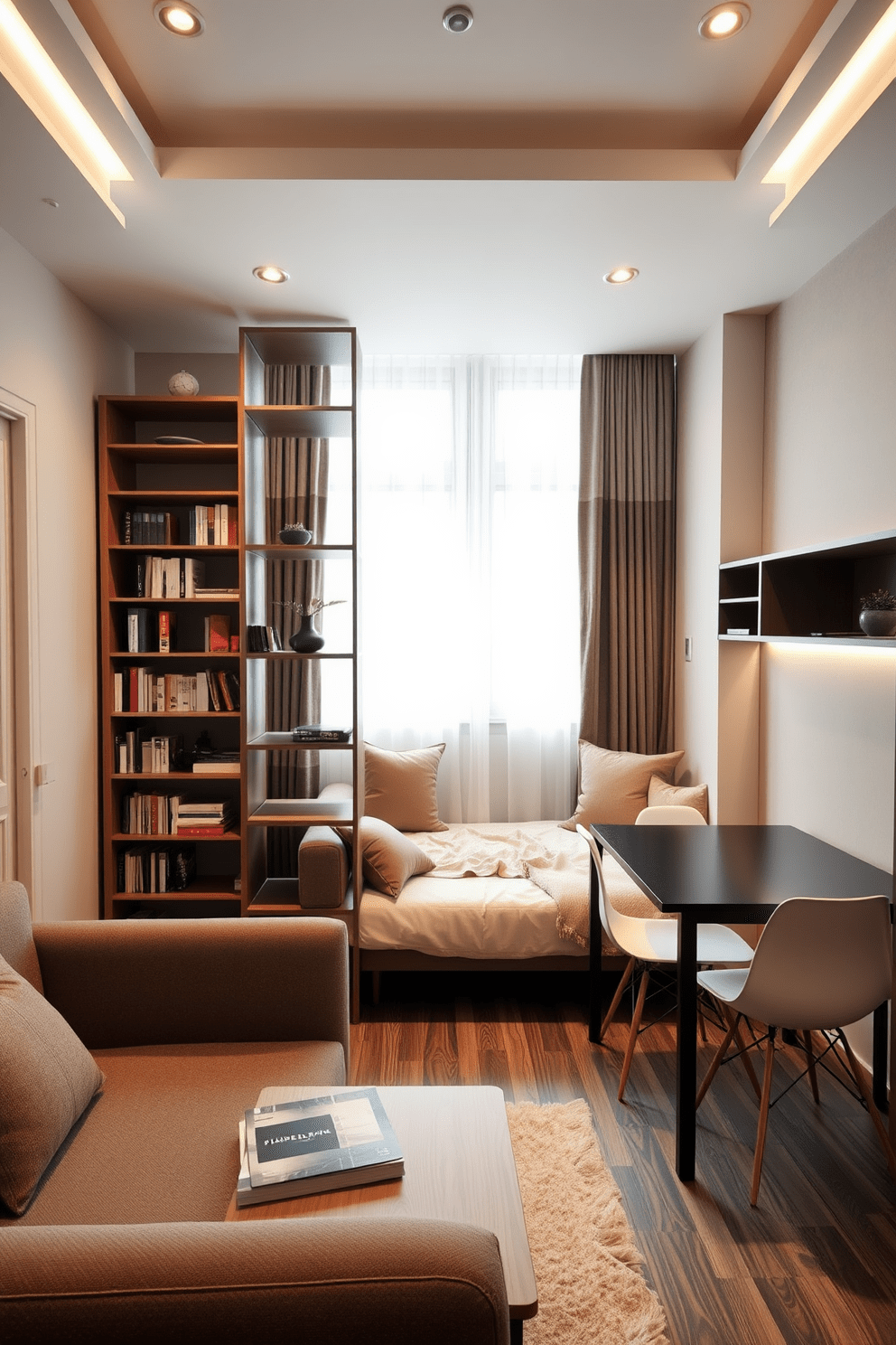 A cozy small apartment featuring multifunctional furniture that maximizes space and versatility. The living area includes a stylish sofa bed that transforms into a sleeping area, paired with a coffee table that doubles as storage. The dining space showcases a foldable table with sleek chairs that can be tucked away when not in use. A compact bookshelf serves as a room divider, adding both functionality and style to the open layout.