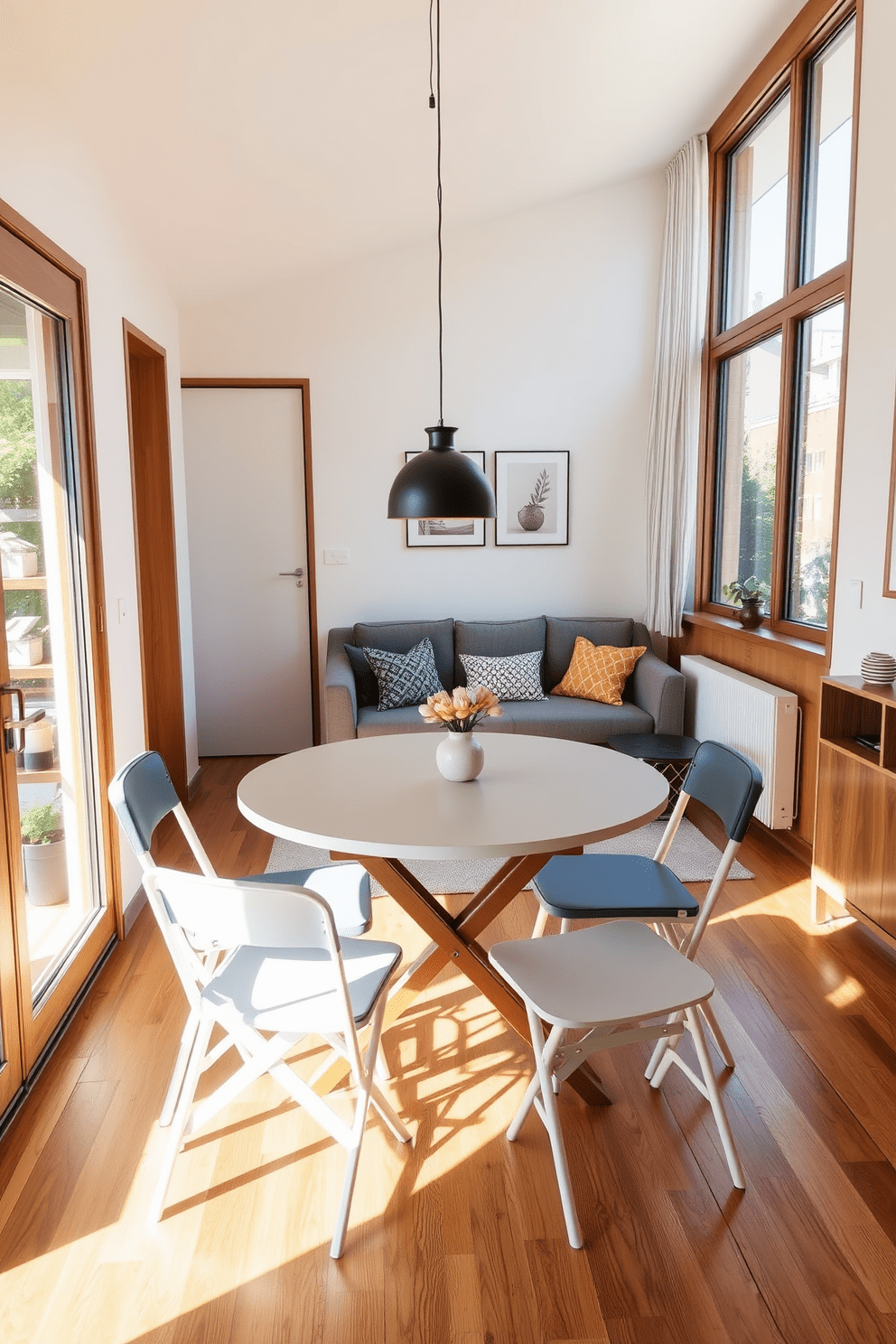 A cozy small apartment design featuring a compact living area with a stylish foldable dining table. Surrounding the table are elegant foldable chairs that can be easily tucked away when not in use, maximizing space efficiency. The living room includes a plush sofa adorned with colorful cushions and a small coffee table in front. Natural light floods the room through large windows, highlighting the warm wooden flooring and minimalist decor.