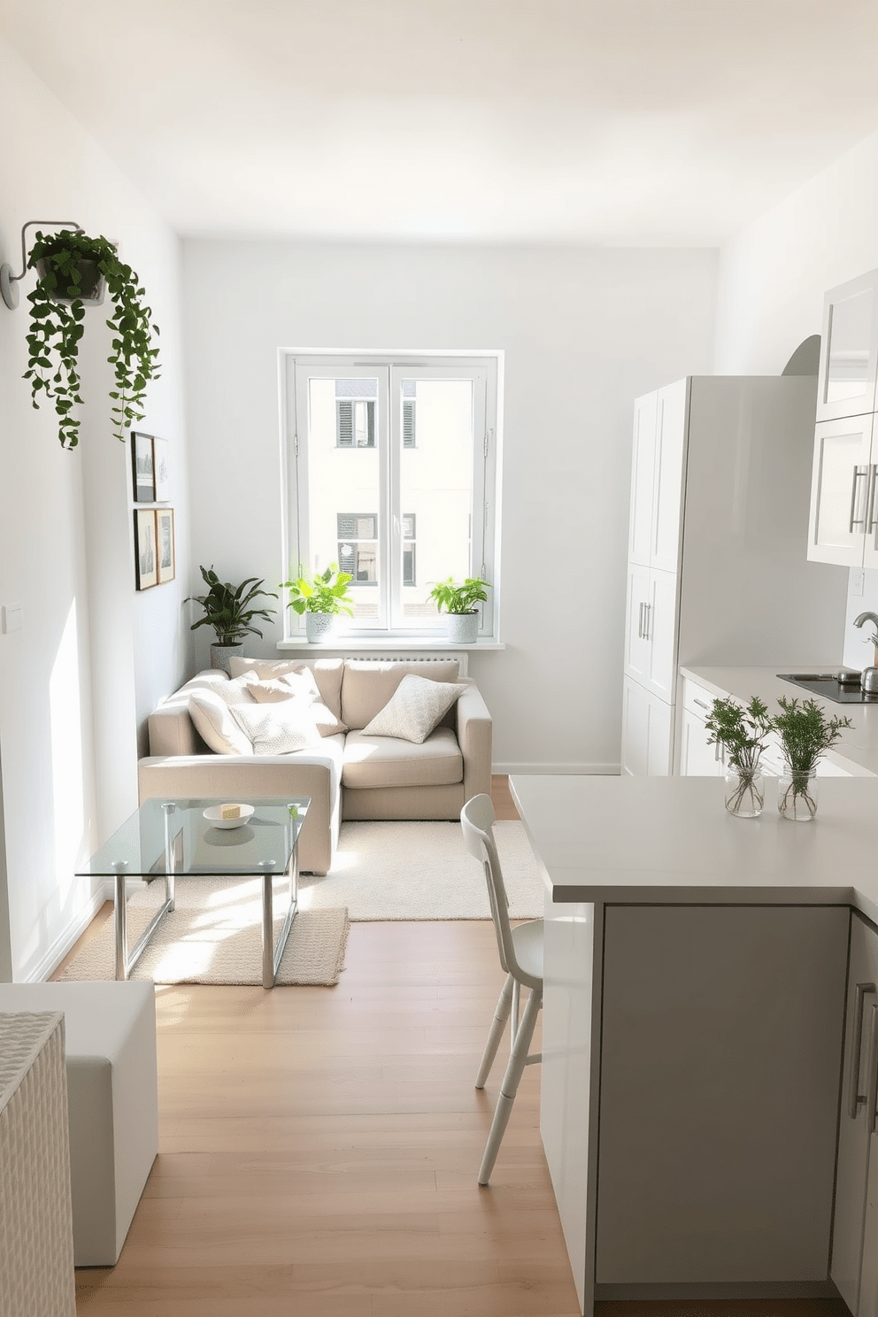 A cozy small apartment filled with natural light. The living area features a light beige sofa paired with pastel-colored throw pillows and a sleek glass coffee table. The walls are painted in soft white, creating a sense of openness. A compact dining table with light wood finishes is set against a window, surrounded by airy, light-colored chairs. In the kitchen, white cabinetry complements the light gray countertops, enhancing the spacious feel. Potted herbs on the windowsill add a touch of greenery and warmth to the space.