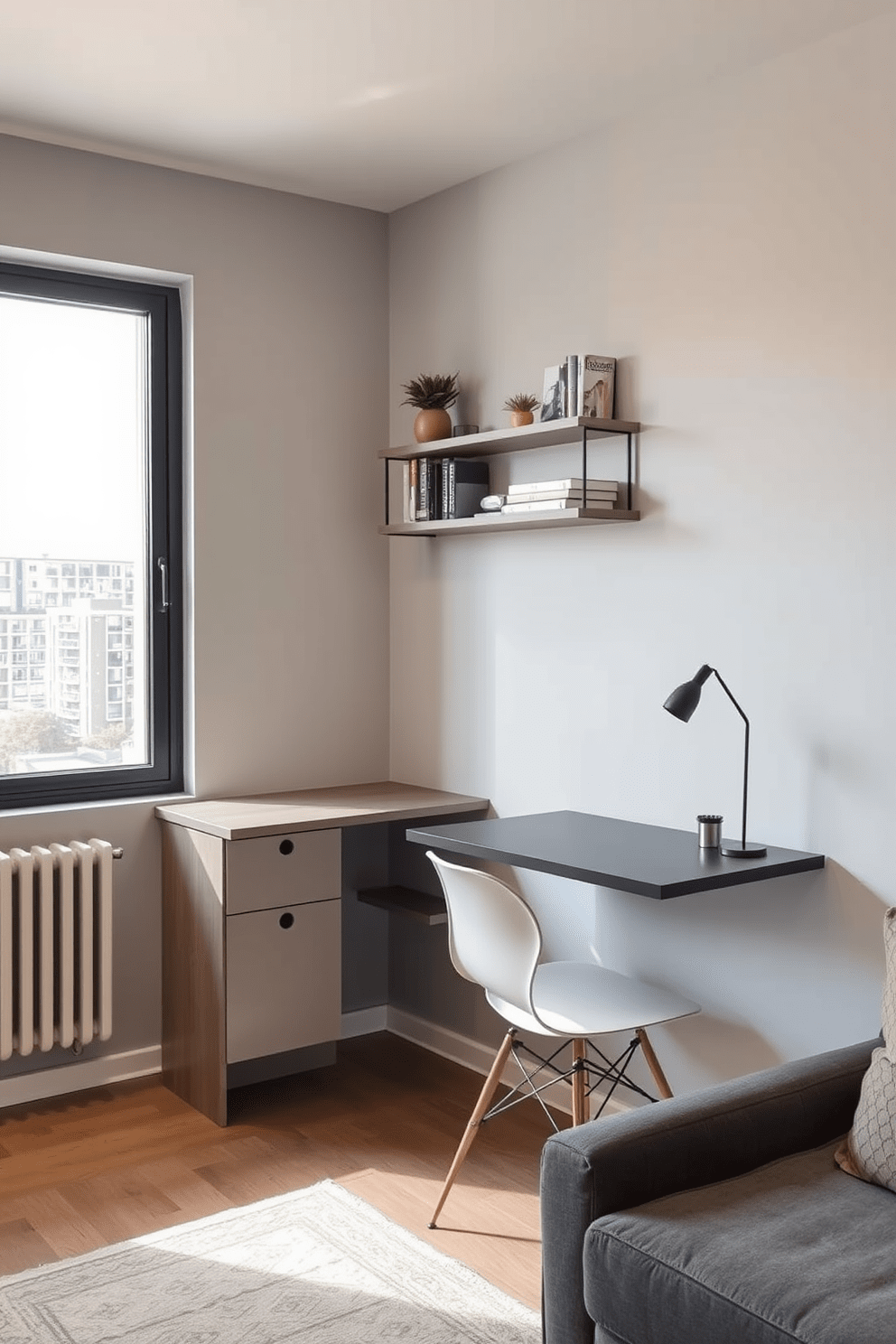 A cozy small apartment featuring a compact living area with a stylish wall-mounted sofa that maximizes floor space. The walls are painted in a soft light gray, and a large window allows natural light to flood in, enhancing the airy feel of the room. In the corner, a sleek wall-mounted desk is paired with a minimalist chair, creating a functional workspace. Decorative shelves above the desk display books and small plants, adding a touch of personality to the space.