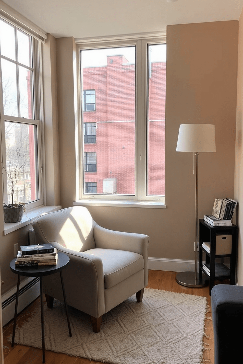 Create a cozy reading nook by the windows in a small apartment. There is a plush armchair upholstered in soft fabric positioned next to a small side table with a stack of books. The walls are painted in a warm beige color, enhancing the natural light coming through the large windows. A soft area rug lies beneath the chair, and a floor lamp stands nearby, providing a warm glow for evening reading.