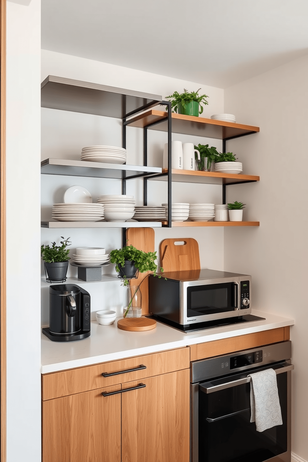 A small apartment kitchen featuring maximized vertical storage with sleek shelves. The walls are adorned with open shelving displaying stylish dishware and potted herbs, creating a functional and inviting atmosphere.