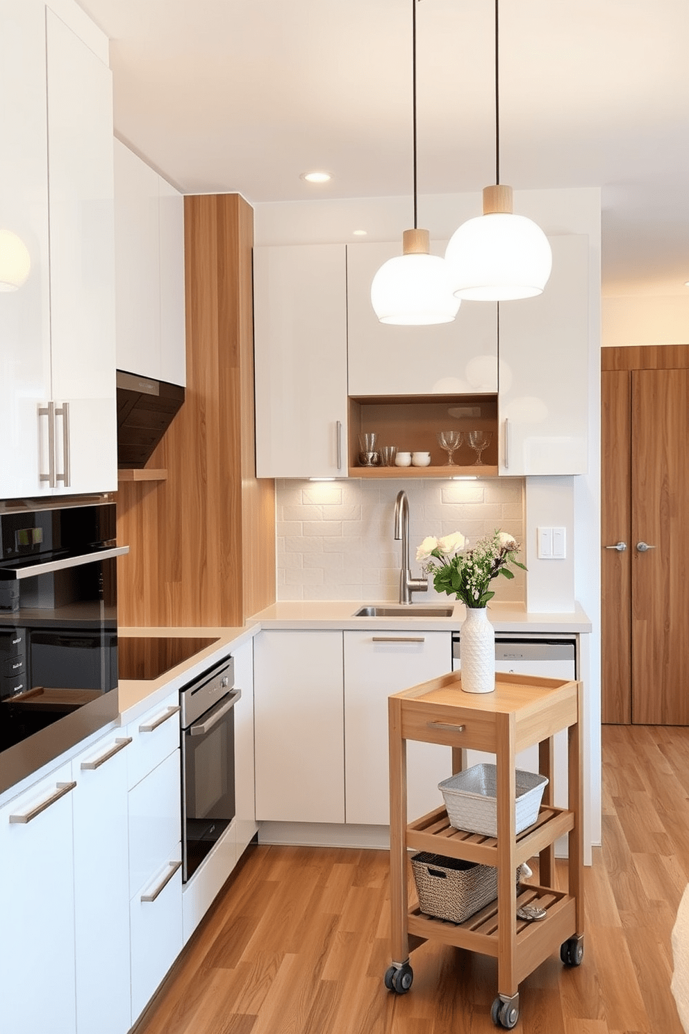 A stylish small apartment kitchen featuring a rolling cart for added flexibility. The kitchen includes sleek white cabinetry, a compact dining table, and modern appliances integrated into the design. The rolling cart is positioned near the counter, offering extra storage and workspace. Bright pendant lights hang above, illuminating the space and enhancing the warm wood accents throughout the kitchen.