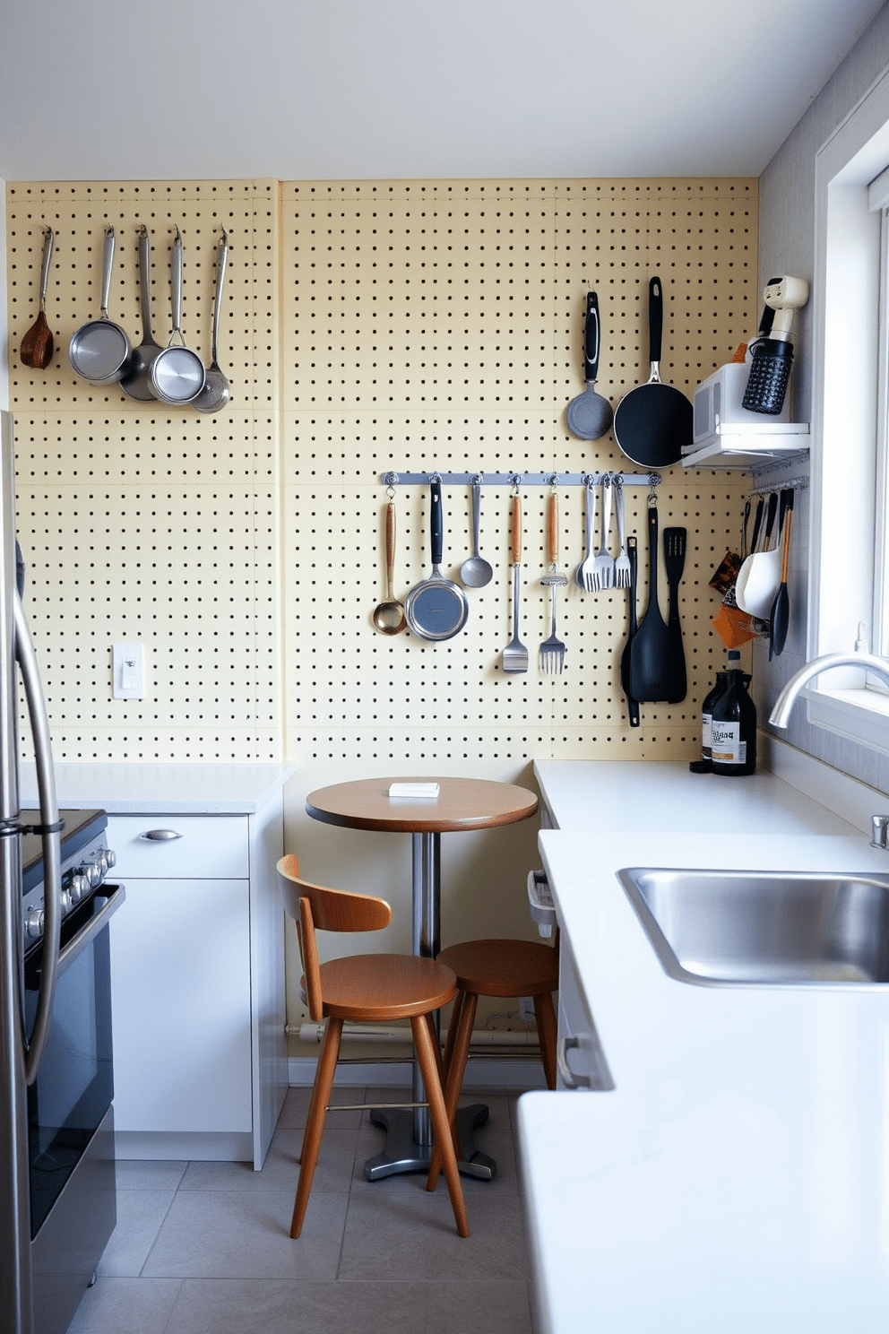 A small apartment kitchen featuring a pegboard wall for organized kitchen tools. The pegboard is painted in a bright color, showcasing hanging pots, pans, and utensils for easy access. The countertops are made of sleek quartz, providing a modern touch to the space. A compact dining table with two chairs is positioned near a window, allowing natural light to brighten the kitchen.