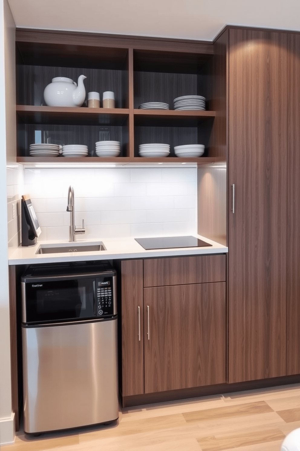 A small apartment kitchen designed for efficiency features compact appliances that maximize functionality without sacrificing style. The layout includes a sleek refrigerator, a space-saving dishwasher, and a combination microwave oven, all seamlessly integrated into custom cabinetry. The countertops are crafted from durable quartz, providing ample workspace while maintaining a clean aesthetic. Open shelving above the counter displays stylish dishware, adding personality and accessibility to the compact space.