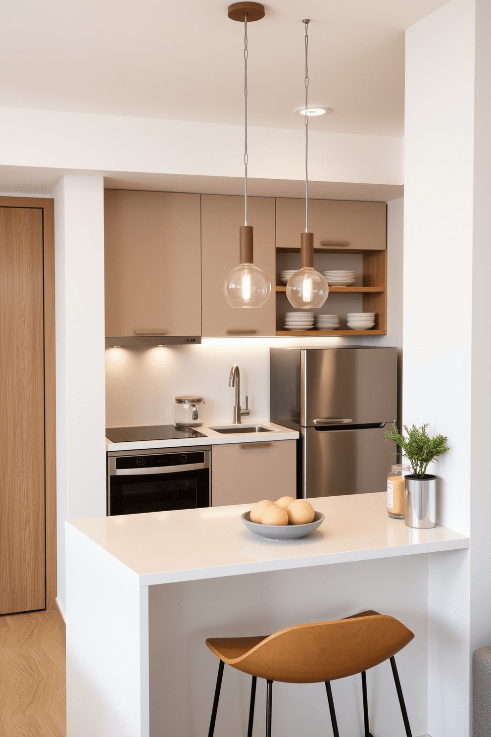 A modern small apartment kitchen featuring a compact layout with sleek cabinetry and a small island for extra prep area. The island is topped with a light-colored quartz surface and includes bar stools for casual dining. The kitchen is adorned with stainless steel appliances and open shelving displaying stylish dishware. Soft pendant lighting hangs above the island, creating a warm and inviting atmosphere.