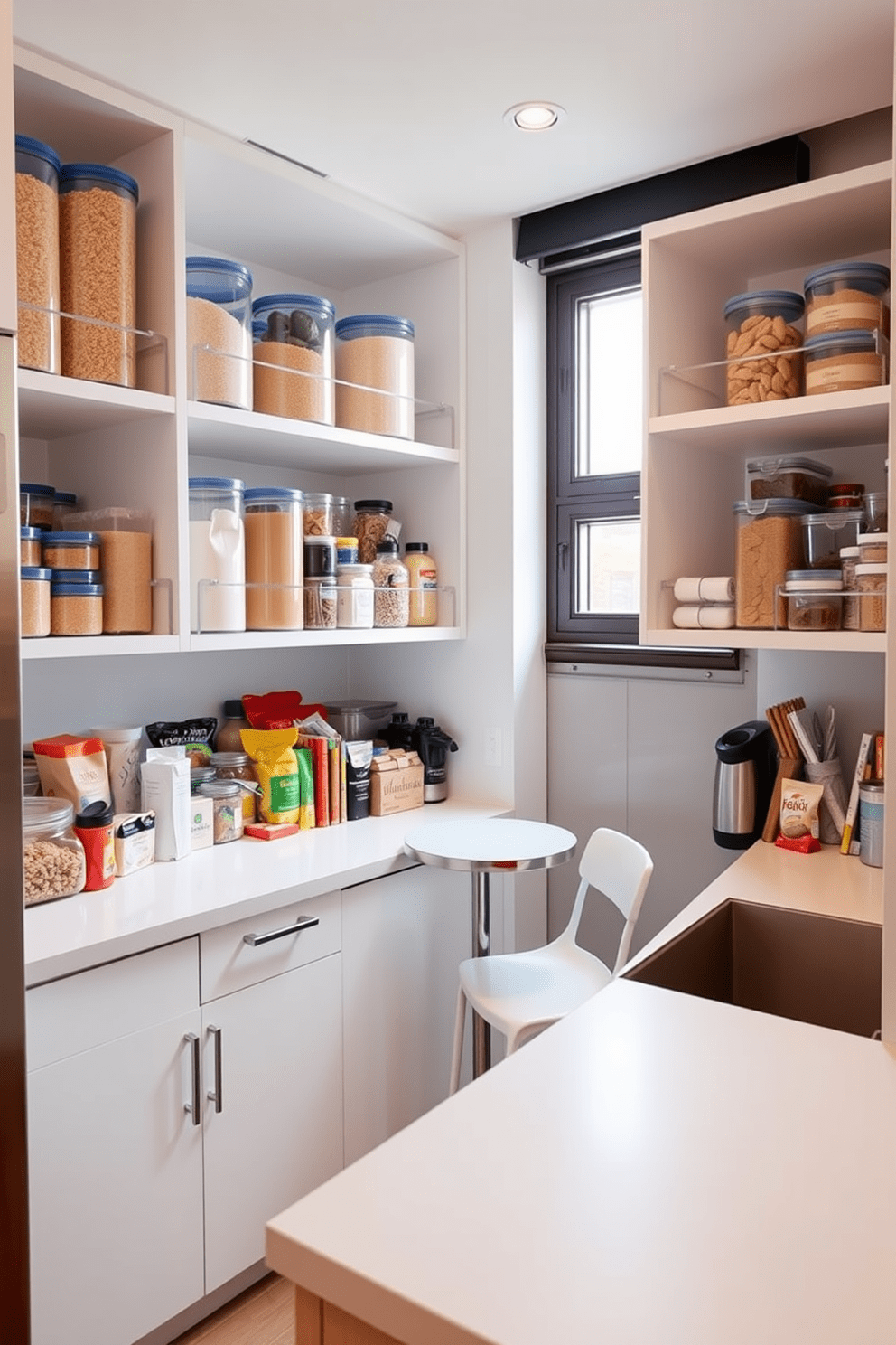 A small apartment kitchen designed for optimal pantry organization. Clear containers are neatly arranged on open shelves, showcasing a variety of grains, spices, and snacks for easy access. The countertops are minimalist with a sleek finish, enhancing the spacious feel of the kitchen. A compact dining table with two chairs is positioned near a window, allowing natural light to brighten the space.