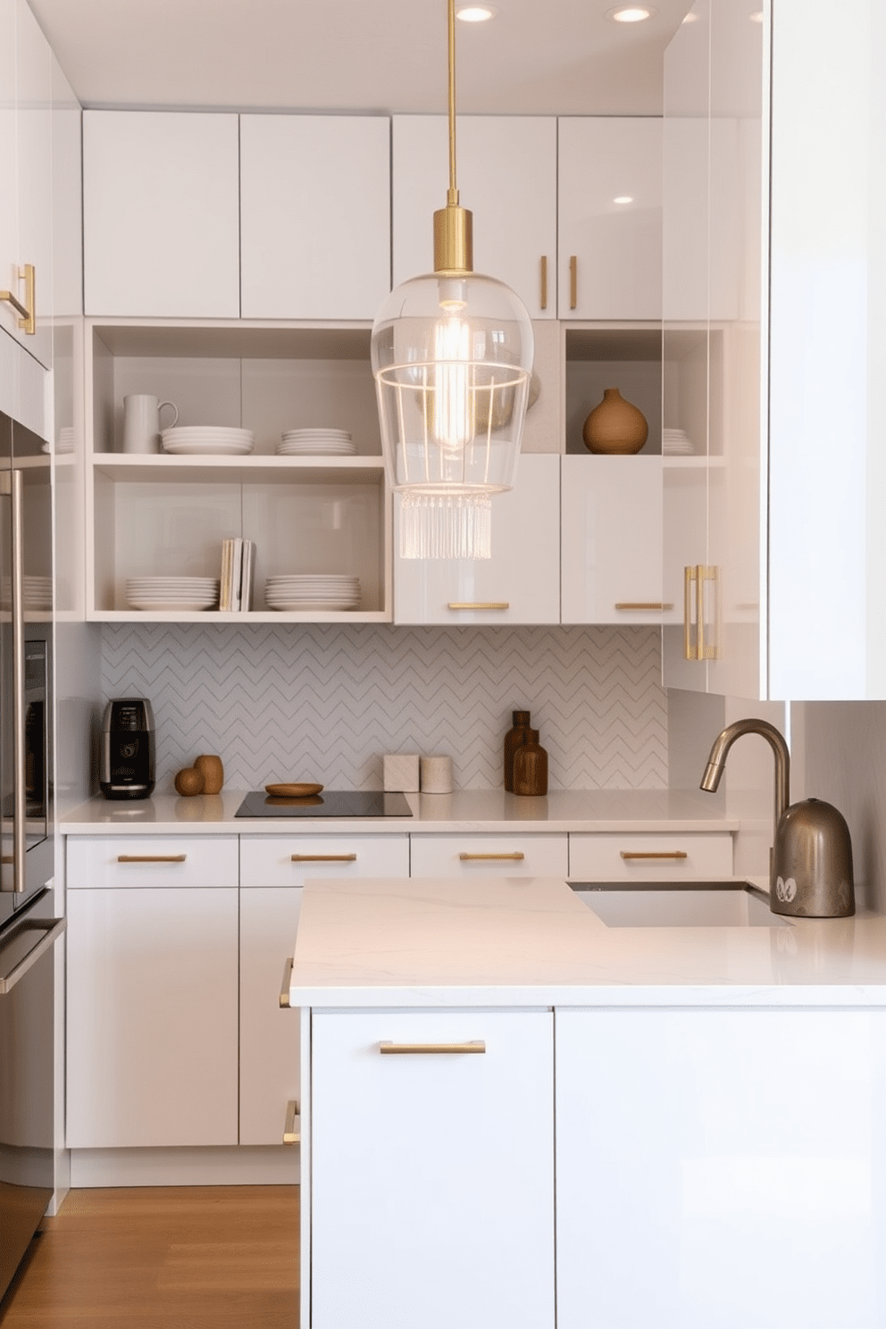 A small apartment kitchen features sleek cabinetry in a glossy white finish with modern hardware. The space is illuminated by a statement light fixture hanging above the island, which adds a touch of elegance and style. The countertops are made of quartz with subtle veining, complemented by a stylish backsplash in a herringbone pattern. Open shelving showcases curated dishware and decorative items, creating a warm and inviting atmosphere.