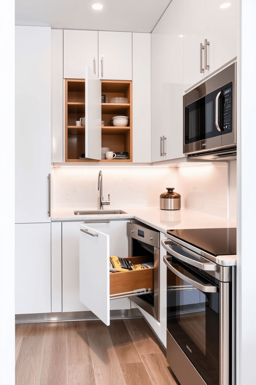 A small apartment kitchen featuring a modern pull-out pantry seamlessly integrated into the cabinetry. The kitchen showcases sleek white cabinets, a compact countertop with a subtle gray veining, and stainless steel appliances for a contemporary look.