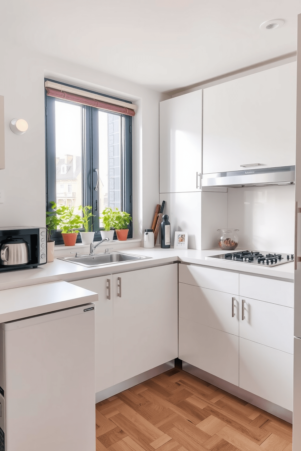 A cozy small apartment kitchen with a herb garden on the windowsill. The kitchen features sleek white cabinets and a compact dining table that seats two, maximizing space and functionality.