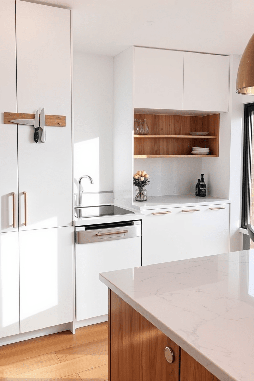 A small apartment kitchen featuring a magnetic knife strip mounted on the wall for efficiency and easy access. The cabinetry is a sleek white with minimalist hardware, complemented by a compact island that doubles as a dining space. The countertops are a durable quartz with a subtle veining pattern, providing both elegance and practicality. Natural light floods the space through a large window, highlighting the warm wood accents throughout the kitchen.