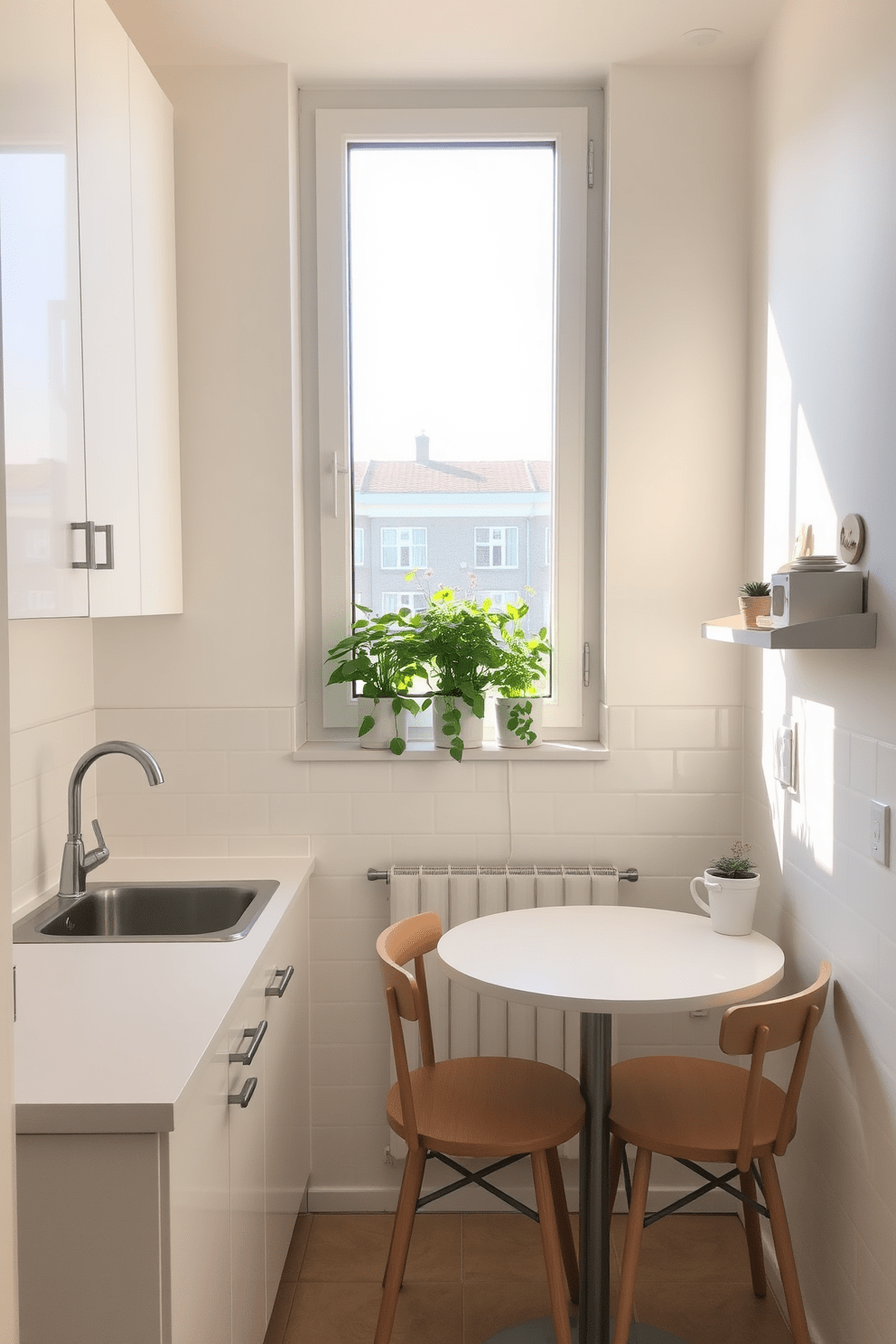 A small apartment kitchen with light-colored cabinetry and a bright white countertop creates an airy and inviting atmosphere. The backsplash features subtle pastel tiles, and natural light floods the space through a large window above the sink. A cozy dining nook is integrated into the kitchen with a small round table and two chairs, perfect for intimate meals. Potted herbs on the windowsill add a touch of greenery and freshness to the design.