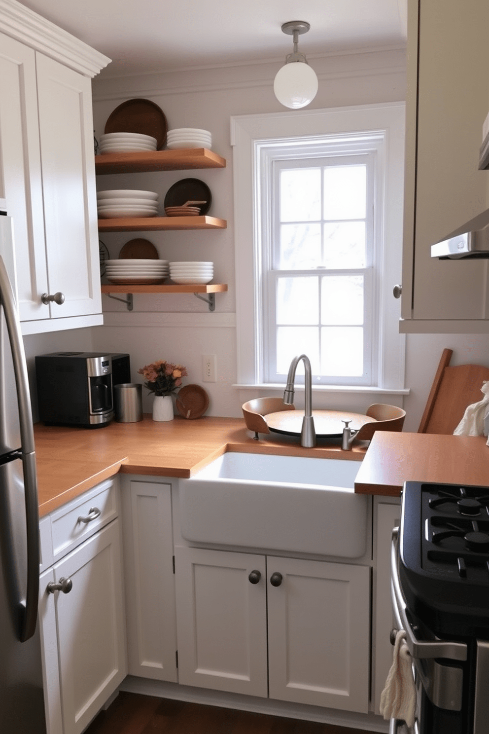 A cozy small apartment kitchen featuring a charming farmhouse sink as the focal point. The cabinetry is painted in soft white, complemented by natural wood accents and open shelving displaying rustic dishware. The countertops are a warm butcher block, providing a contrast to the sleek stainless steel appliances. A small dining nook with a round table and two chairs is nestled by a window, inviting natural light into the space.