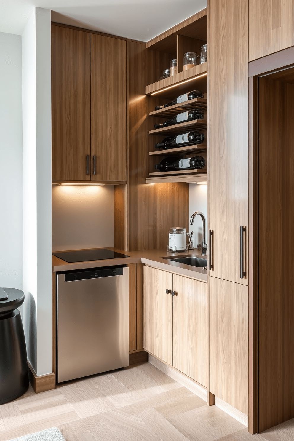 A small apartment kitchen featuring a built-in wine rack seamlessly integrated into the cabinetry. The kitchen showcases sleek, modern appliances and a compact layout that maximizes functionality while maintaining a stylish aesthetic.