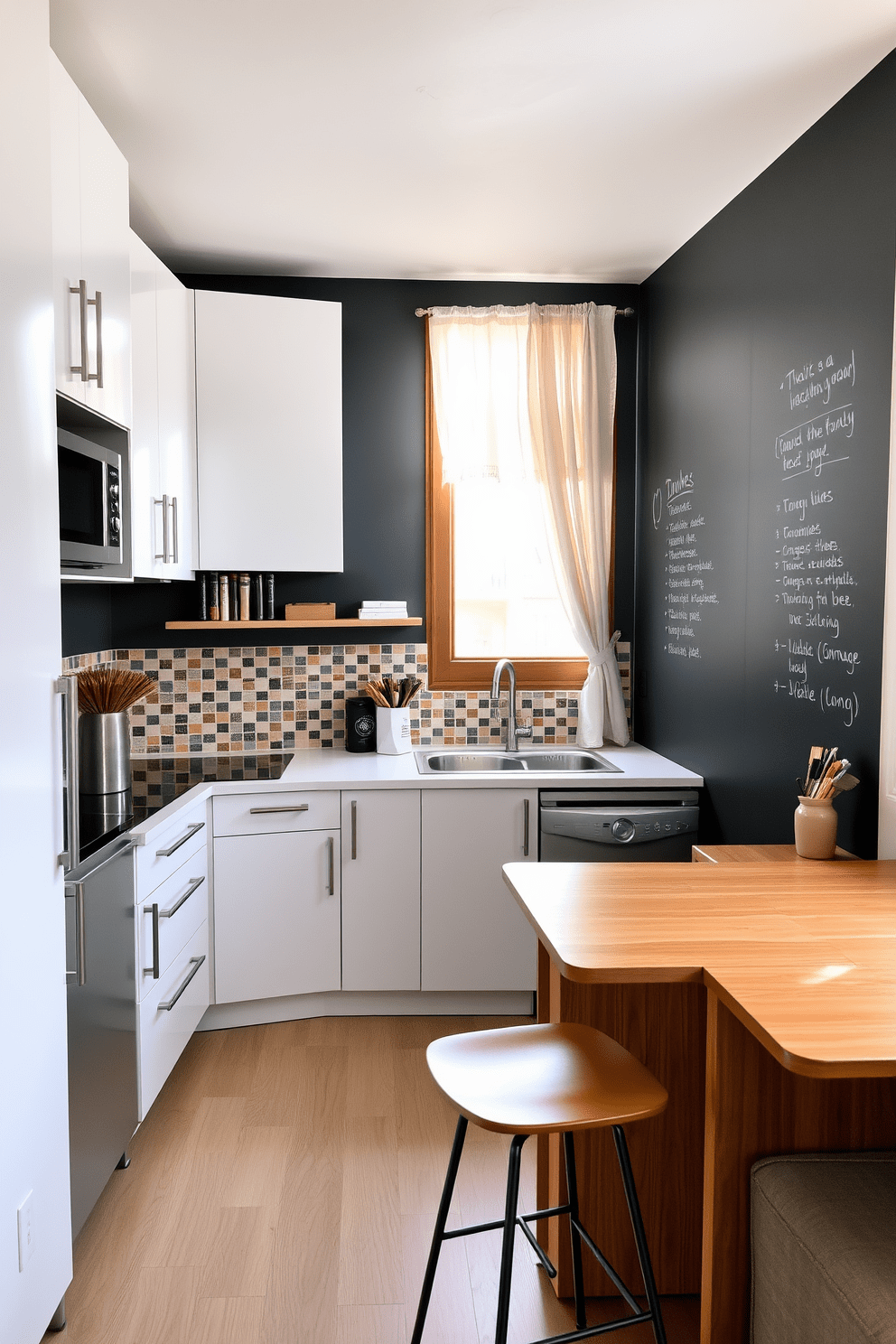 A small apartment kitchen featuring a chalkboard wall for notes creates a functional and stylish space. The kitchen includes sleek white cabinets, a compact island with bar stools, and modern stainless steel appliances. The backsplash is a mosaic of colorful tiles that adds a pop of personality. Natural light floods in through a window adorned with light sheer curtains, enhancing the warm wooden accents throughout the kitchen.